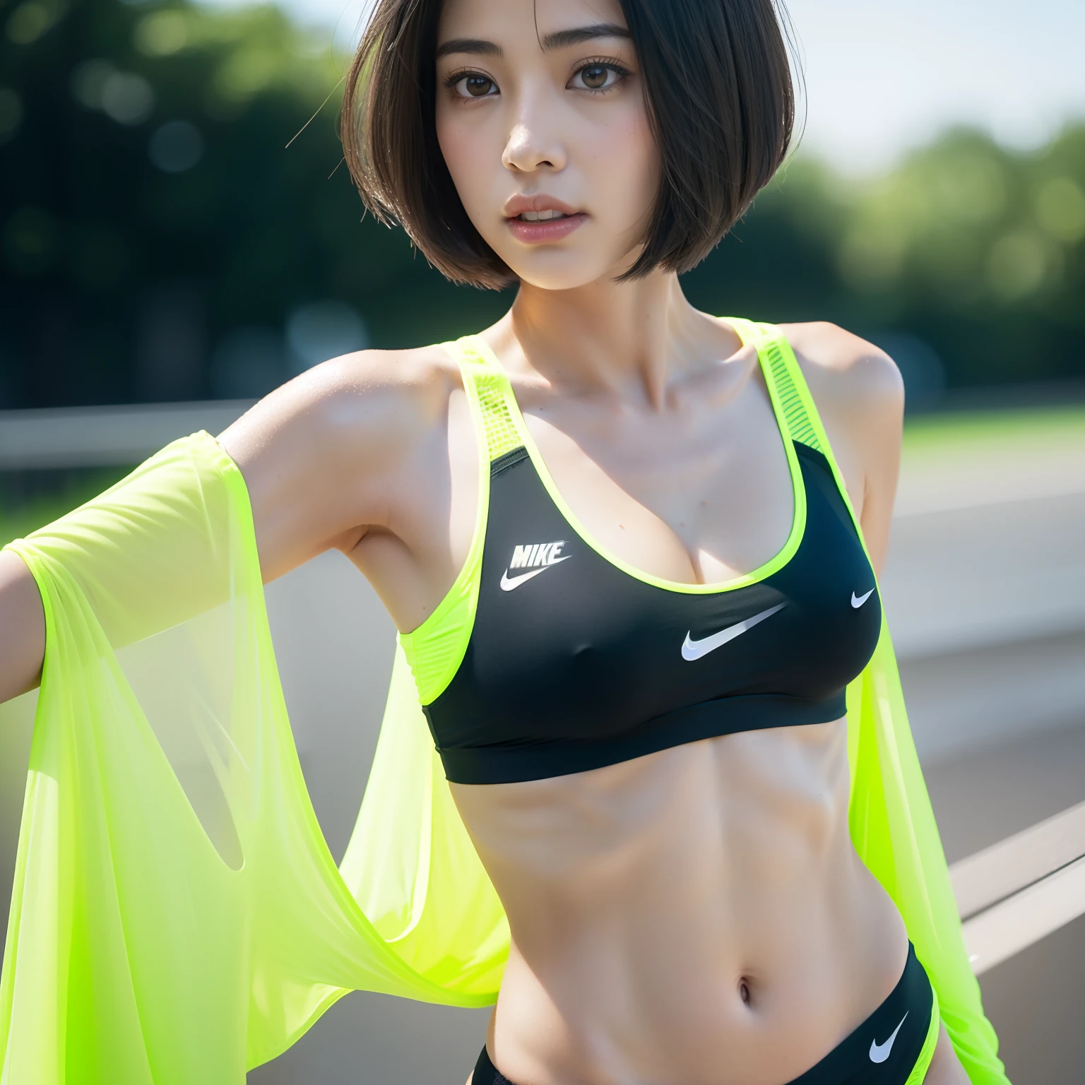 (Solo), (a detailed full-body RAW photo of a girl), (masutepiece:1.0), (Best Quality:1.4), (超A high resolution:1.2), (Photorealistic:1.4), 8K resolution, Canon EOS R5, 50 millimeters, absurderes, ultra-detailliert, (18 year old), Cinematic lighting, Detailed beautiful face, (no-makeup:1.2), (ulzzang -6500-v1.1), petite figure, Detailed skin texture, (flat chest:1.4), (skinny and fit body:1.6), Detailed brown hair, sweltering,(Very short hair:1.5), See Through wear, (lime green and black tight, nike thin sports bra and sports panty:1.5), More transparent, realistic glistening skin, Detailed texture, Cameltoe, well-developed abs, wet wear, Looks alive, erect nipples, (satomi ishihara:1.2), (crotch fourcus:1.2)
