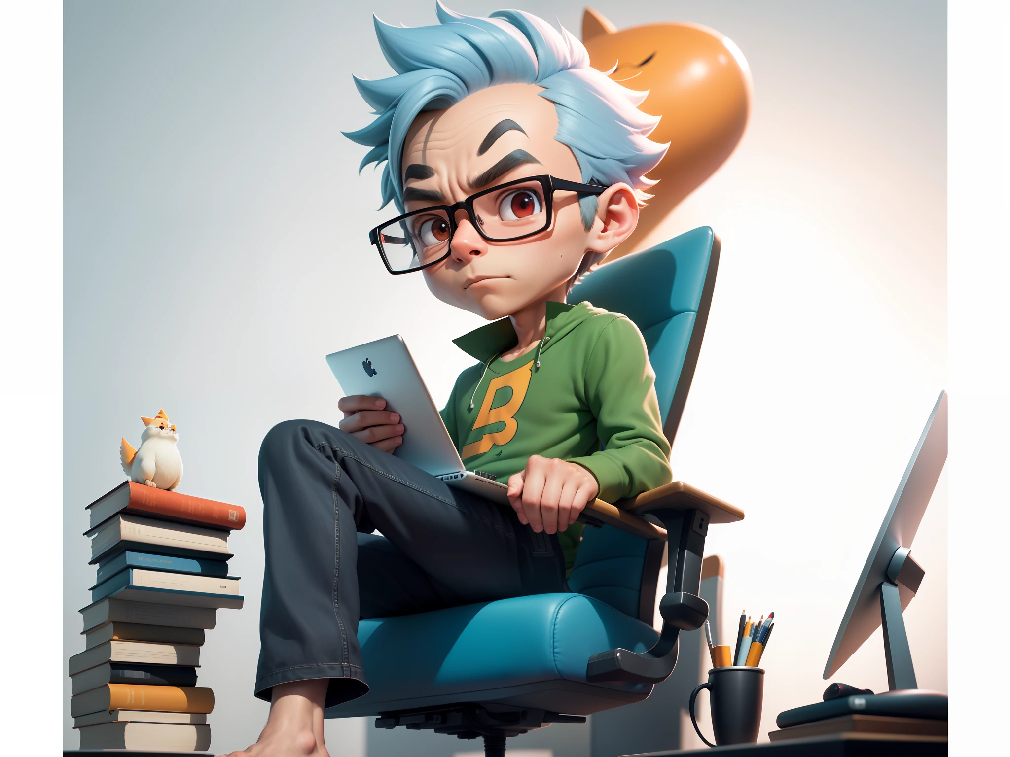 A young man with glasses sits at his desk，holding laptop，digitial painting，3D character design by Mark Clairen and Pixar and Hayao Miyazaki and Akira Toriyama，4K HD illustration，Very detailed facial features and cartoon-style visuals。