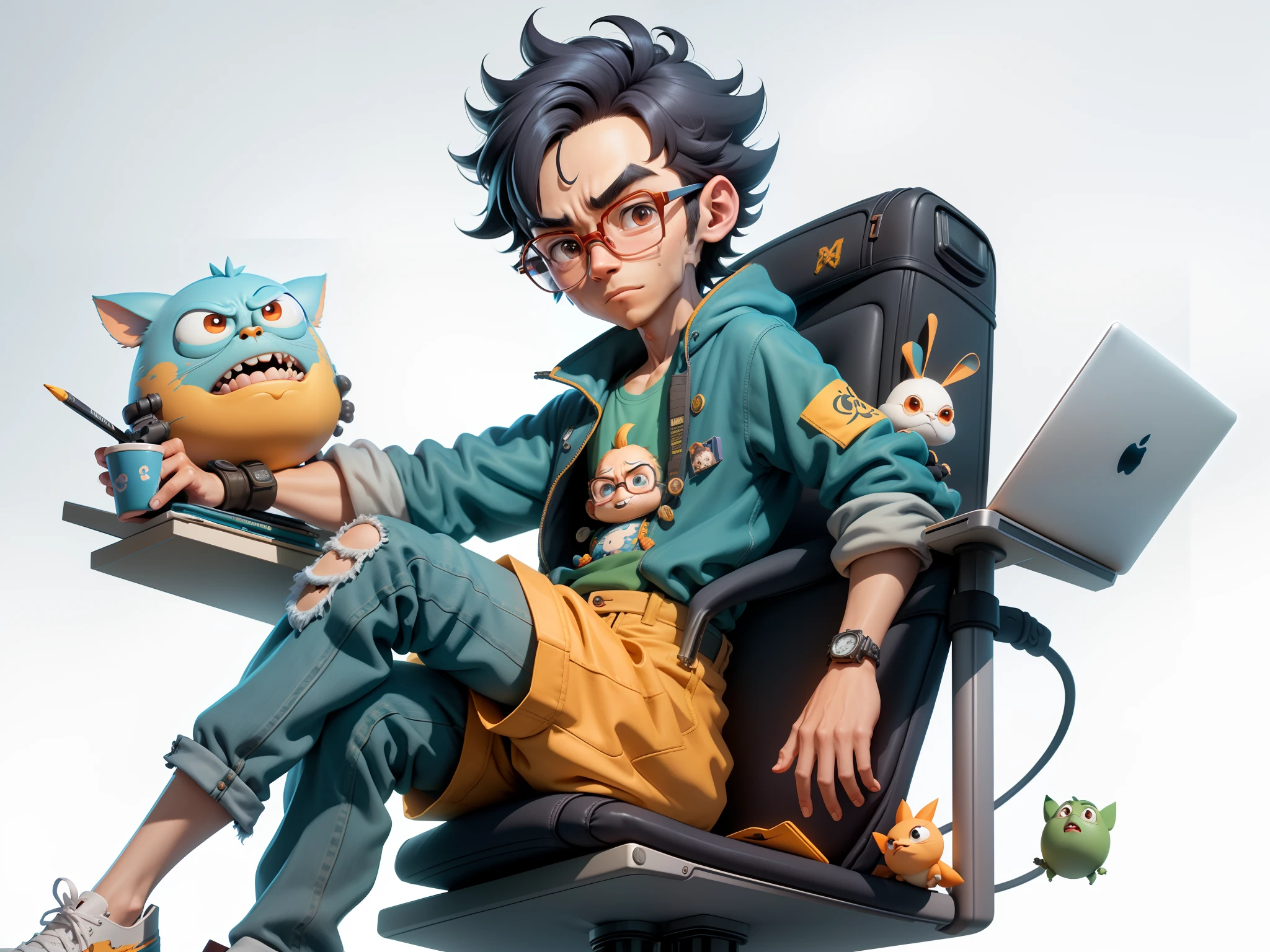 A young man with glasses sits at his desk,holding laptop,digitial painting,3D character design by Mark Clairen and Pixar and Hayao Miyazaki and Akira Toriyama,4K HD illustration,Very detailed facial features and cartoon-style visuals。