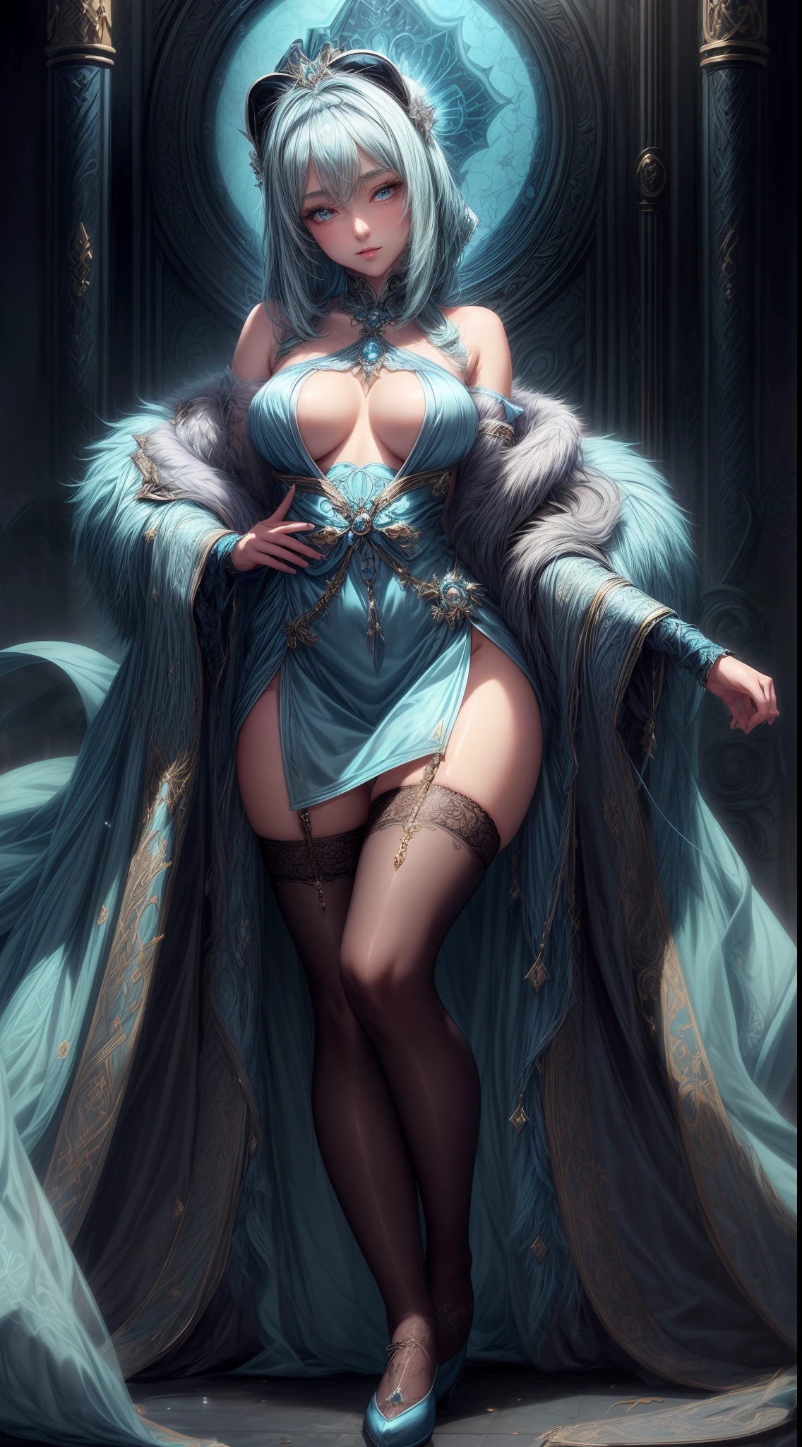 cyan priestess, satin, fur, (stockings), decollete, natural breasts, slim body, zettai ryouiki, medium length hair, beautiful detailed eyes, portrait, most realistic, highest quality, best pixels, 8k ultra