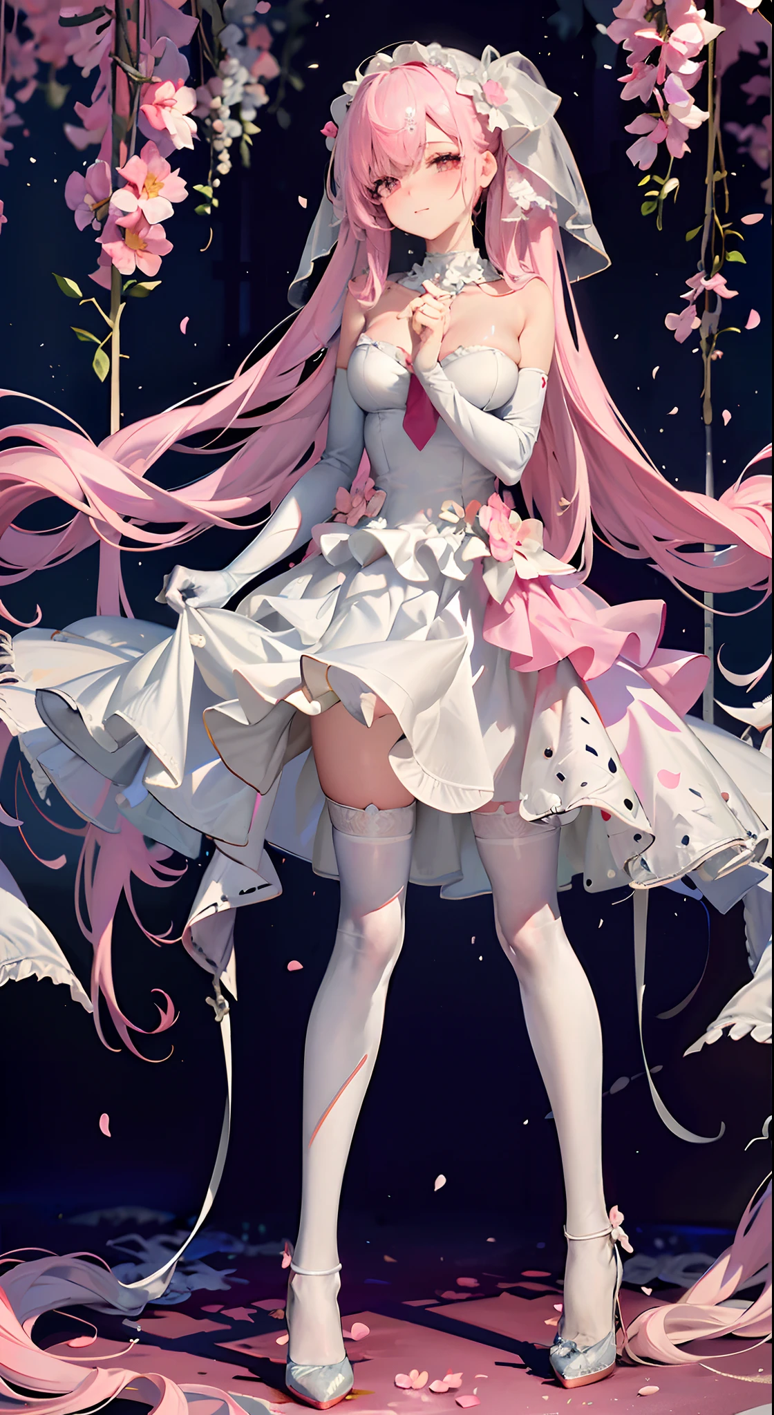 the bride,Full body in camera,full bodyesbian,(tmasterpiece),(best qualtiy),(A pink-haired,long whitr hair:2,White flower decoration,White hairpin),(lacepantyhose,White panty hose,stocklings,Full body pantyhose),(white wedding gown,Wedding dress),(panties are visible:1.5,Pink panties),pink necktie,cherry blossoms print,Holding a bouquet of flowers in both hands,white long gloves,Cross pendant necklace,(cuteexpression,ssmile,Playful),heart - shaped pupils,The eyes show love,Loving eyes,(Be red in the face,putting makeup on, Blushlush),(White high heels,Pink cherry blossom decoration),Dimly lit church,Faint candlelight,Dim candlelight,SakuraNS, the night,have to pee,Pee,pissing,Pee yourself,Top lighting,16k,High- sharpness,high qulity,wide wide shot,Bright colors,Huge black pupils
