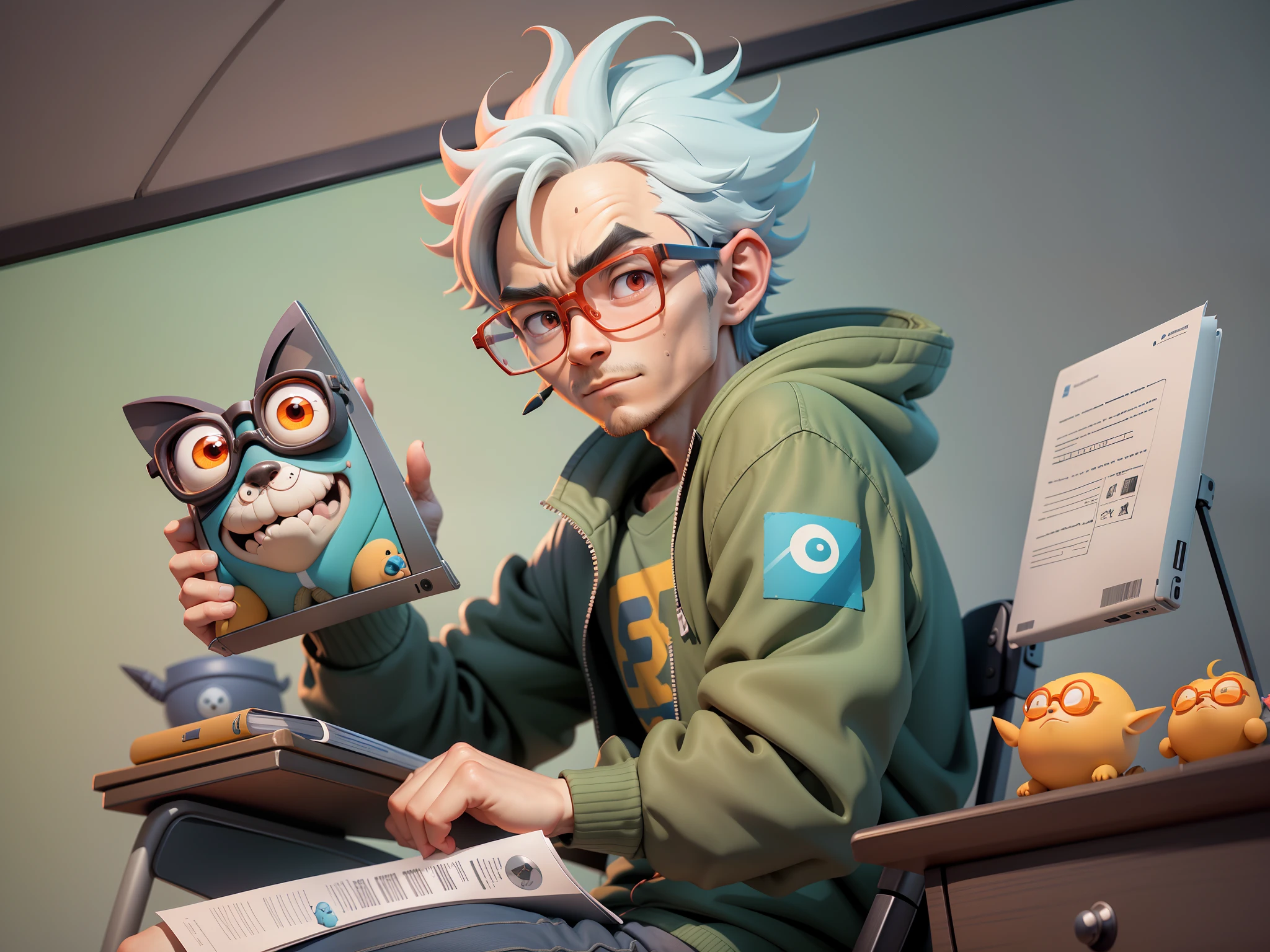 A young man with glasses sits at his desk，holding laptop，digitial painting，3D character design by Mark Clairen and Pixar and Hayao Miyazaki and Akira Toriyama，4K HD illustration，Very detailed facial features and cartoon-style visuals。