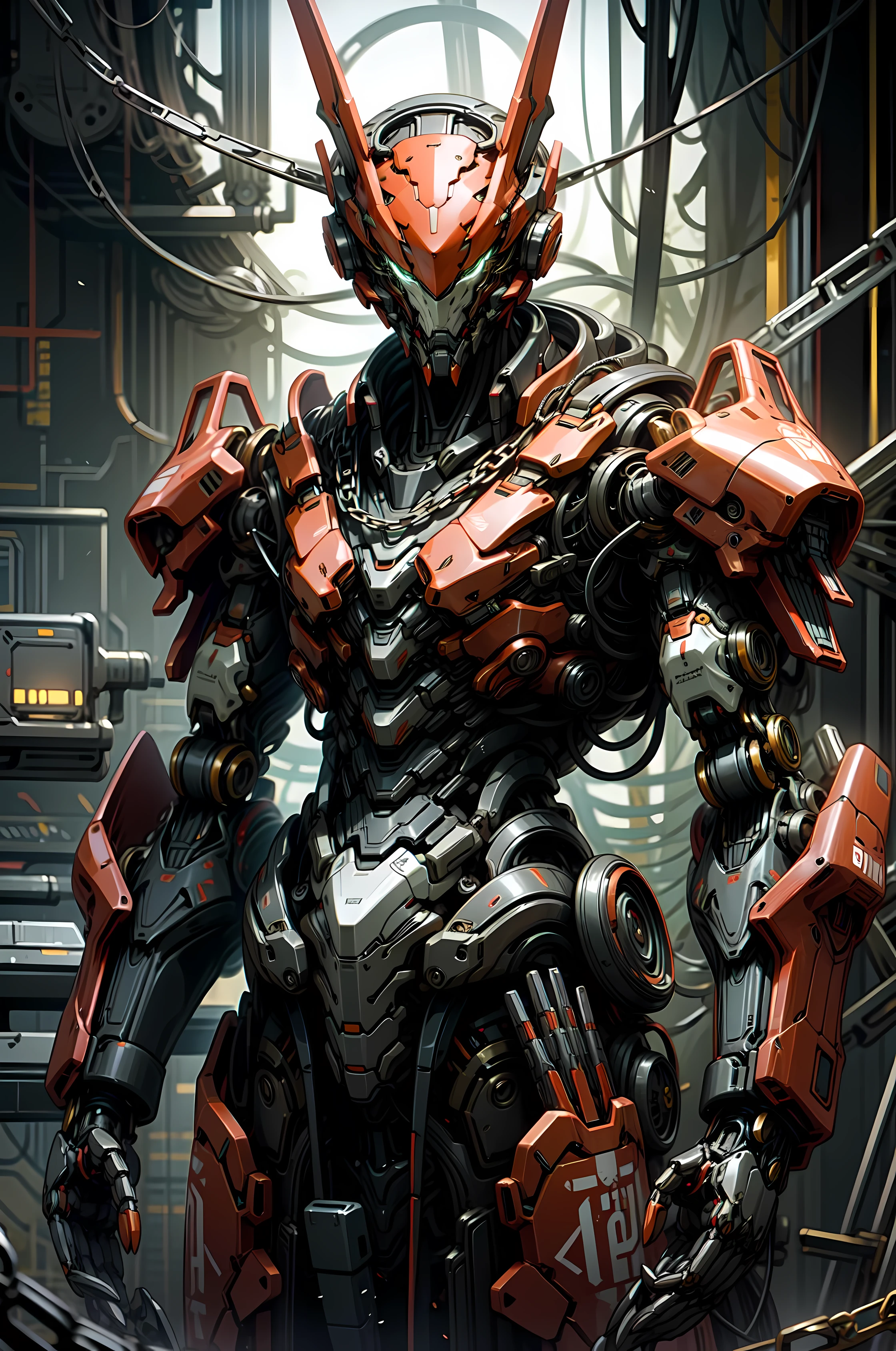 Dark_Fantasy,Cyberpunk,(chain saw,chain saw man,Red:1.1),1man,Mechanical marvel,Robotic presence,Cybernetic guardian,