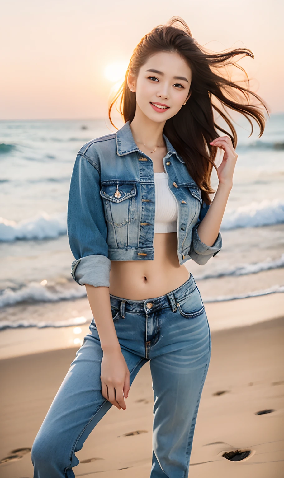 Woman in jeans on the beach，Dancing sexy，Full body shooting:1.8（RAW photogr，超高分辨率，tmasterpiece，best qualtiy：1.4），Complicated details， 20 year old Asian girl，Wear a tight undershirt（Cultivation，Fit snugly to the body）and stylish navel-baring jeans，detailed outfits，Detailed beach，A sweet smile appeared on the little face，The face is white and tender，skin lightening，Ultra-realistic facial details，Beautiful accessories，Playful and coquettish pose，The calves are straight and slender:1.5，Wear high-end branded travel shoes:1.5，eventide，warm color，Broad lighting，naturalshadow，taking a full body photo:1.8