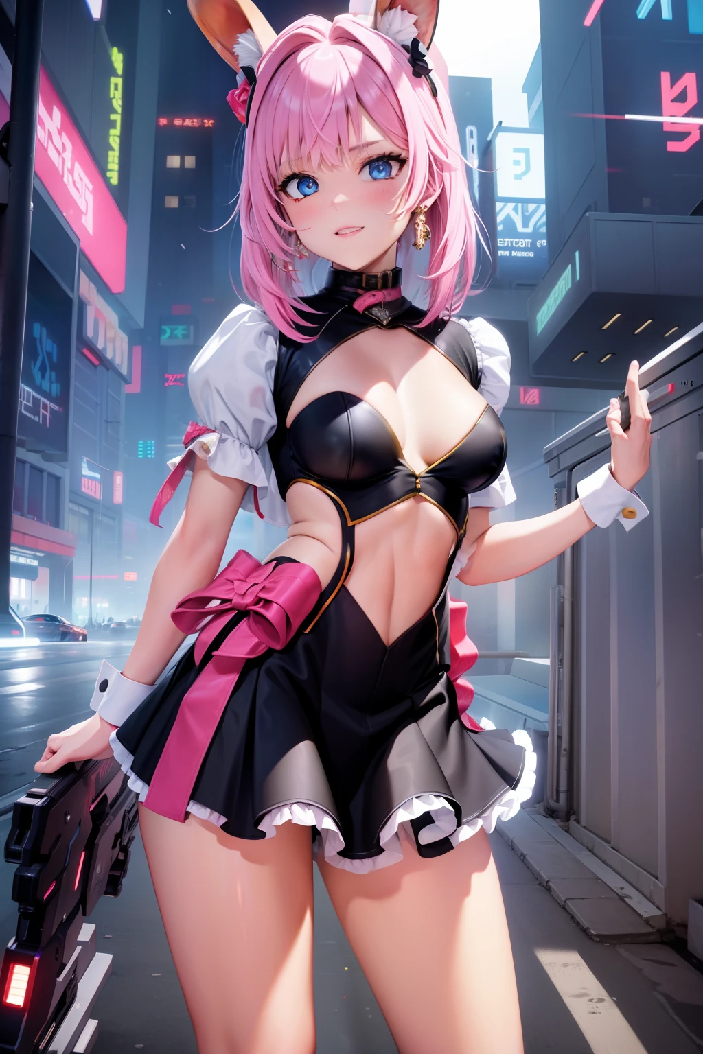 masterpiece, best quality, highres, nm1, cyberpunk maid dress, short skirt, rabbit ears, cowboy shot, standing, colorful hair