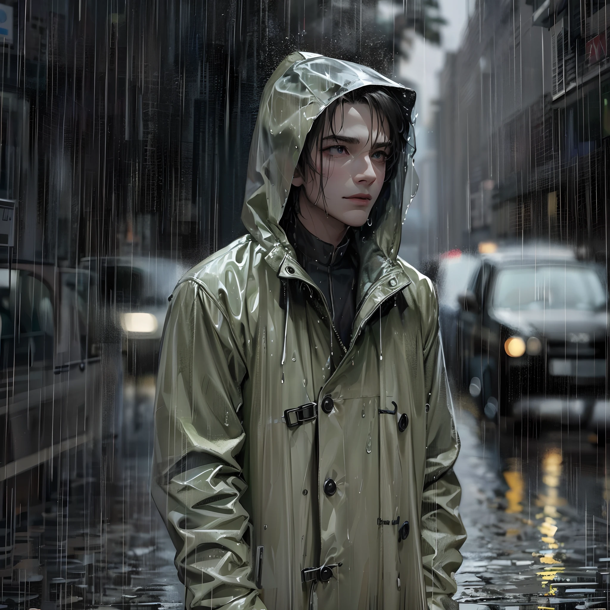 I want a man in a rain coat on the rainy street --auto --s2