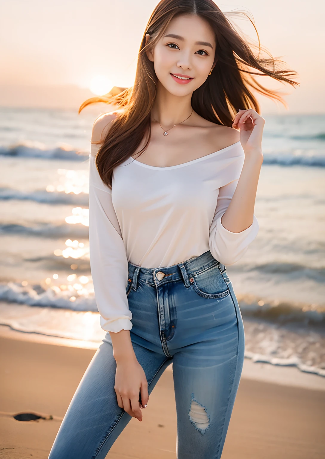 Woman in jeans on the beach，Dancing sexy，Full body shooting:1.8（RAW photogr，超高分辨率，8K,HD,tmasterpiece，best qualtiy），Complicated details， 20 years old Asian woman，Wear a tight undershirt（tight-fitting，Fit snugly to the body）and trendy jeans with open navels，Realistic and detailed costumes，Detailed beach，A sweet smile appeared on the little face，The face is white and tender，skin lightening，Ultra-realistic facial details，Beautiful accessories，Playful and coquettish pose，The calves are straight and slender:1.5，Wear high-end branded travel shoes:1.5，eventide，warm color，Broad lighting，naturalshadow，taking a full body photo:1.8
