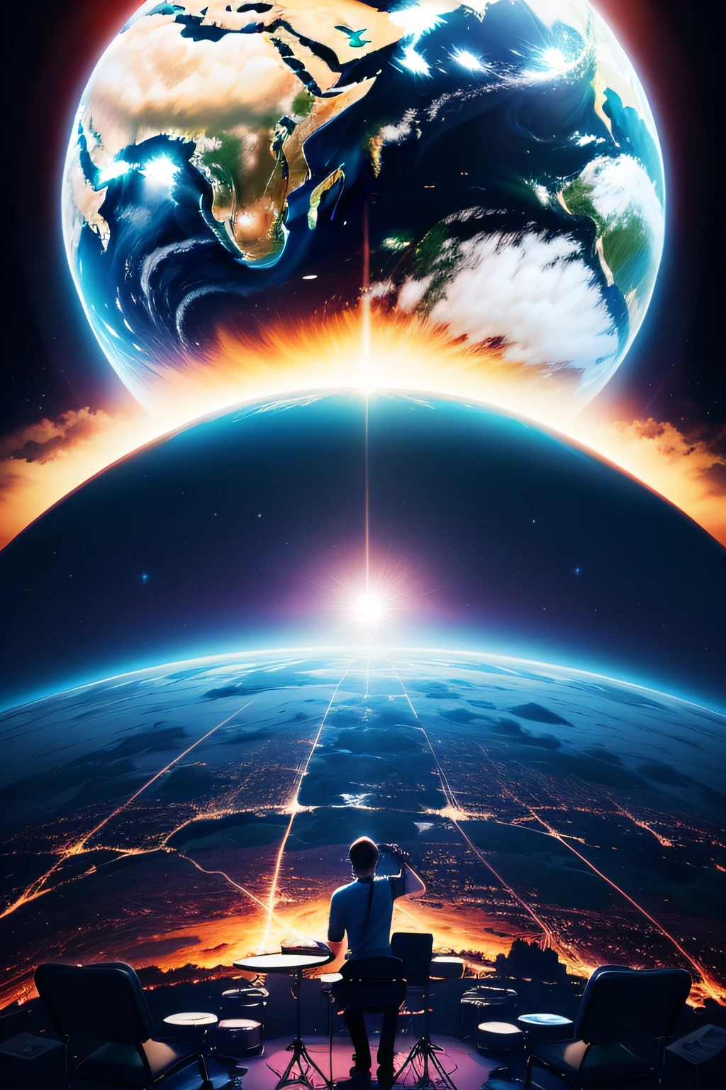 Band show with a view of planet Earth on another planet, show no universo, luzes e brilhos.