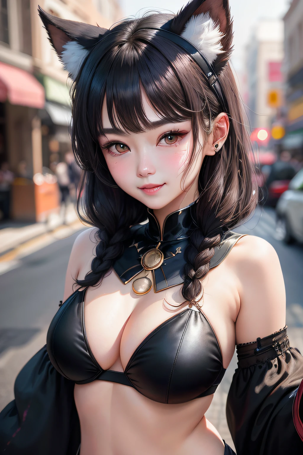 brunette color hair、long eyelasher、Solid round eyes、Light smile、Ear blush、fang、ultra-realistic realism、shadowing、stereograms、Standing painting、pov、atmosphric perspective、8k、super detailing、precise, Best quality at best