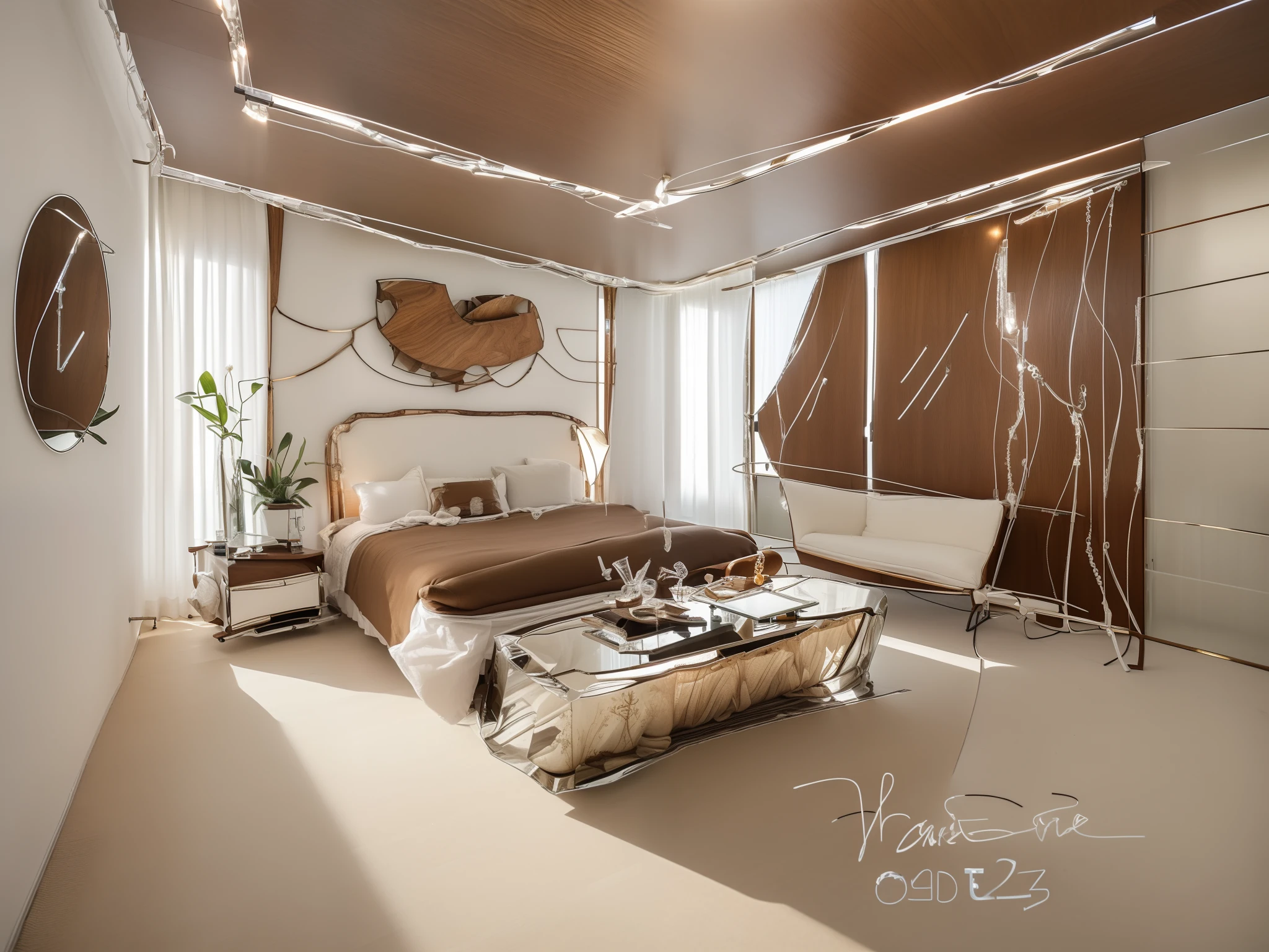 (spectacular landscape:1.1), best quality, super detail,(best quality:1.2, super detail:1.1, inspirational landscape:1.1), best quality, prime detail, super detailed, ((best lighting, modern bedroom :1.2,with white curtains, vintage chandelier, remove carpet, brown wooden floor, wall by size bed ( glass, solid breck 0,75)