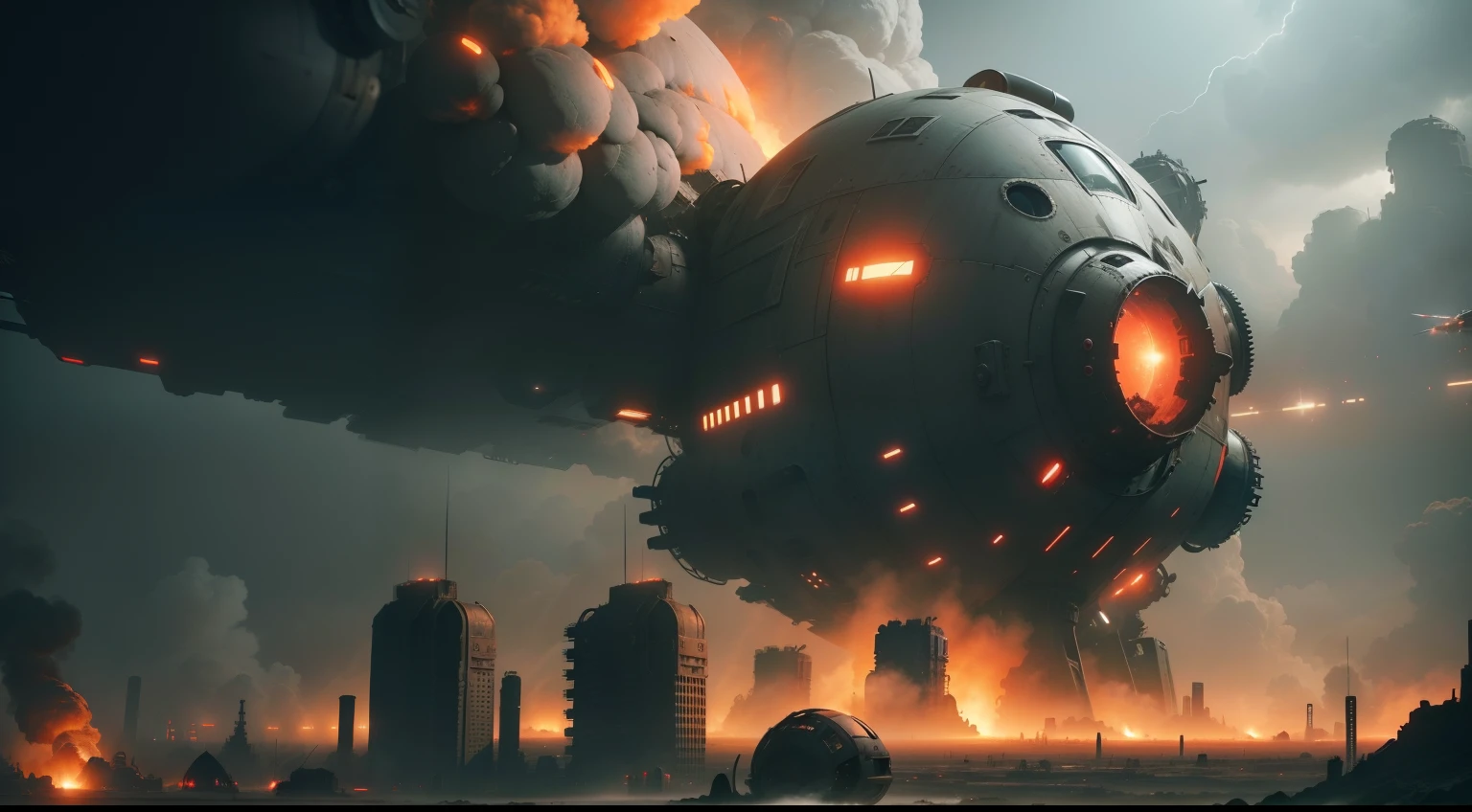 A wasteland-style spaceship, exploding in the air, black smoke from the engine, surrounded by a group of small red wasteland-style aircraft, with an abandoned ancient city in the background, towering industrial towers everywhere and some withered vegetation, storm-swept, foggy, low-saturation, cinematic, Unreal Engine, trending on artstation