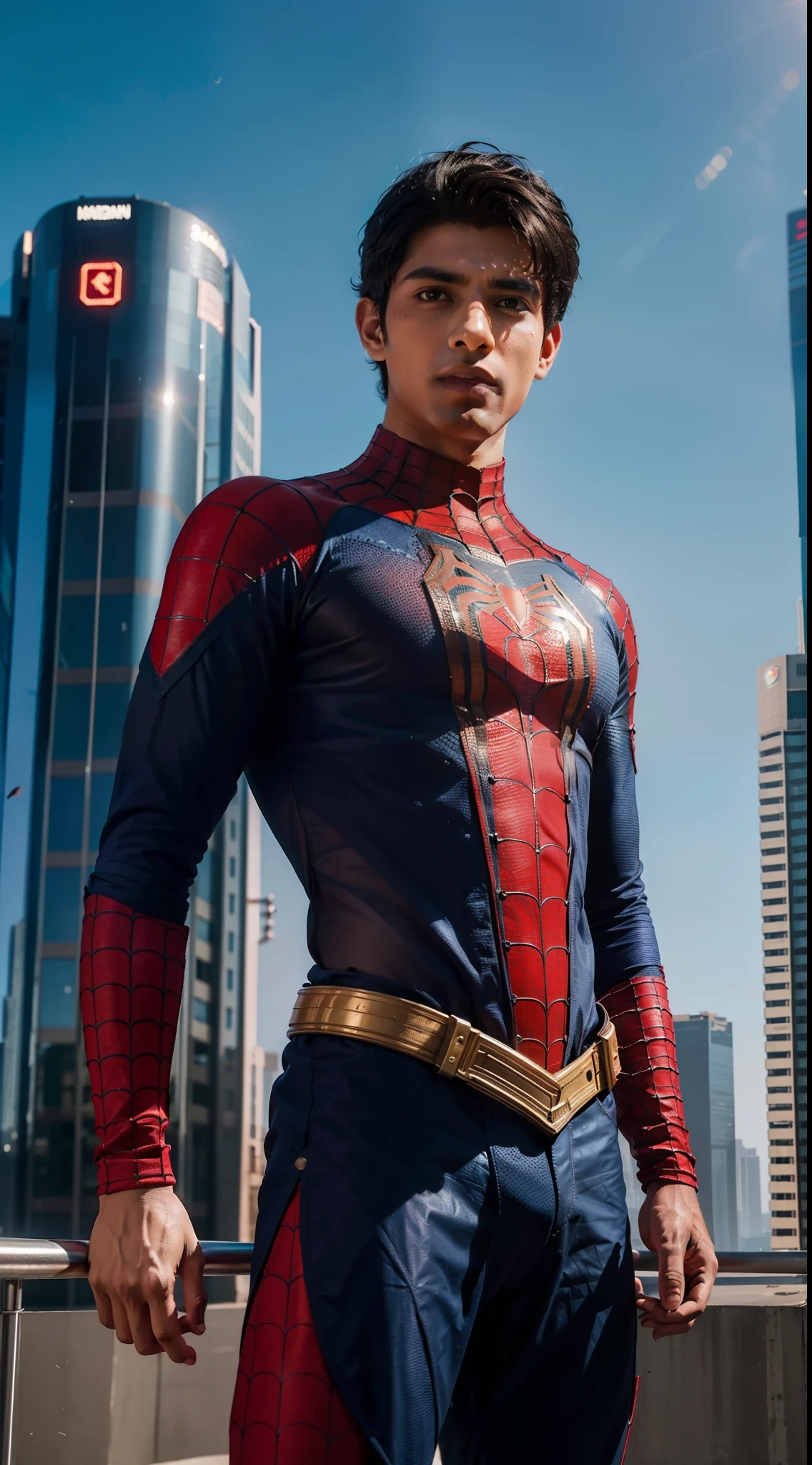 1 boy, a handsome Indian boy as spiderman, standing, half body, cowboy shot, futuristic city, bright light, daylight, outdoor, cinematic, 8k wallpaper