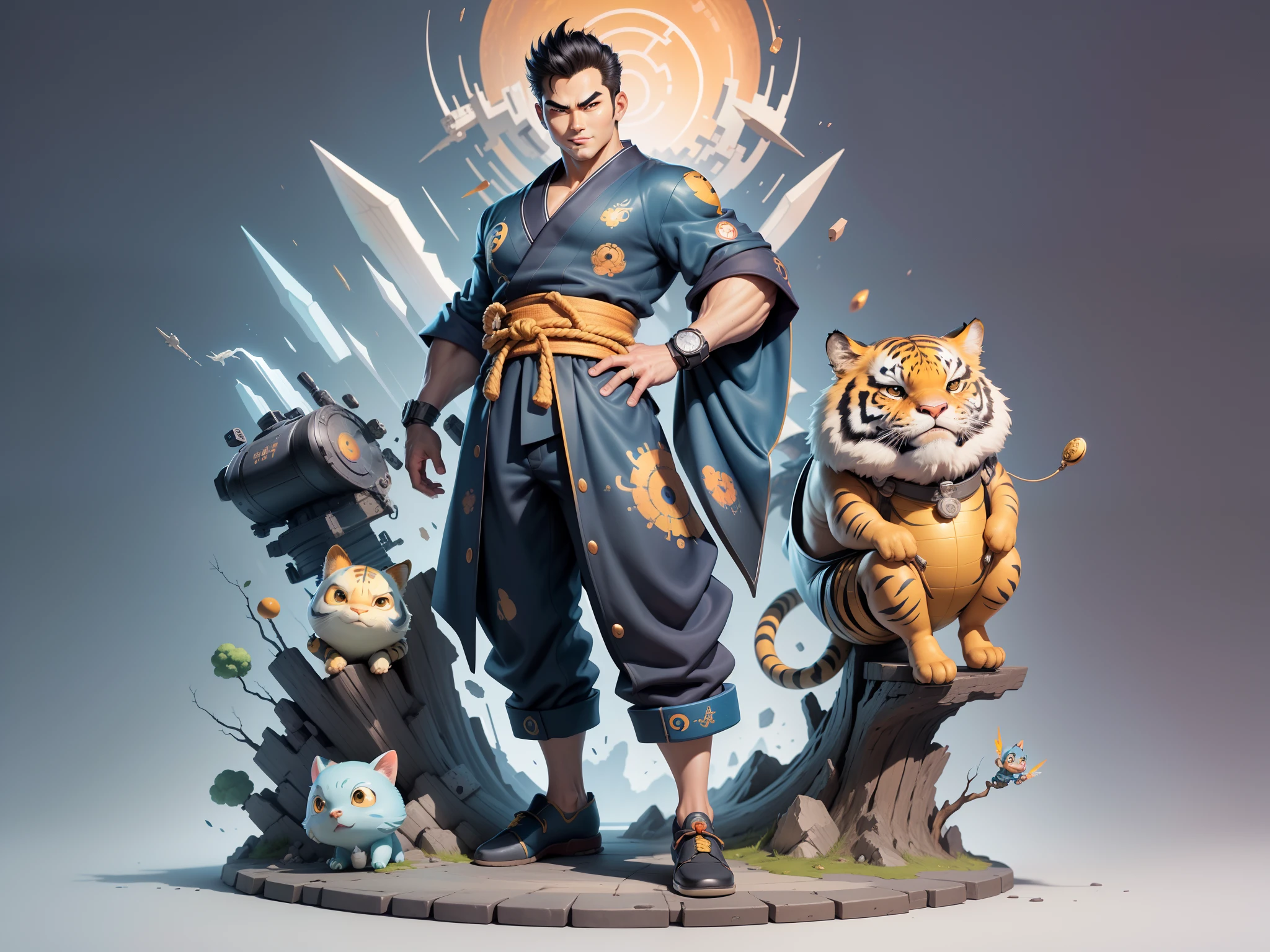 (Masterpiece), (Excellent), (Super Meticulous), (Full Body: 1.2), Super Young Man, Oriental Face, Japanese Kimono, Japanese Wind Thunder God, Dragon, Tiger, TV Anchor, Bust Portrait Illustration, Alone, Black Suit, Blue Tie, Slightly Chubby Face, Very Clean Face, No Beard, Black Super Short Hair, Black Eyes, Confident Smile, 3c Computer Sub-Products, iPad, iPhone, Digital Painting, 3D Character Design by Akira Toriyama and Mark Claireden and Pixar and Hayao Miyazaki, The illustration is a high-definition illustration in 4K resolution with very detailed facial features and cartoon-style visuals.