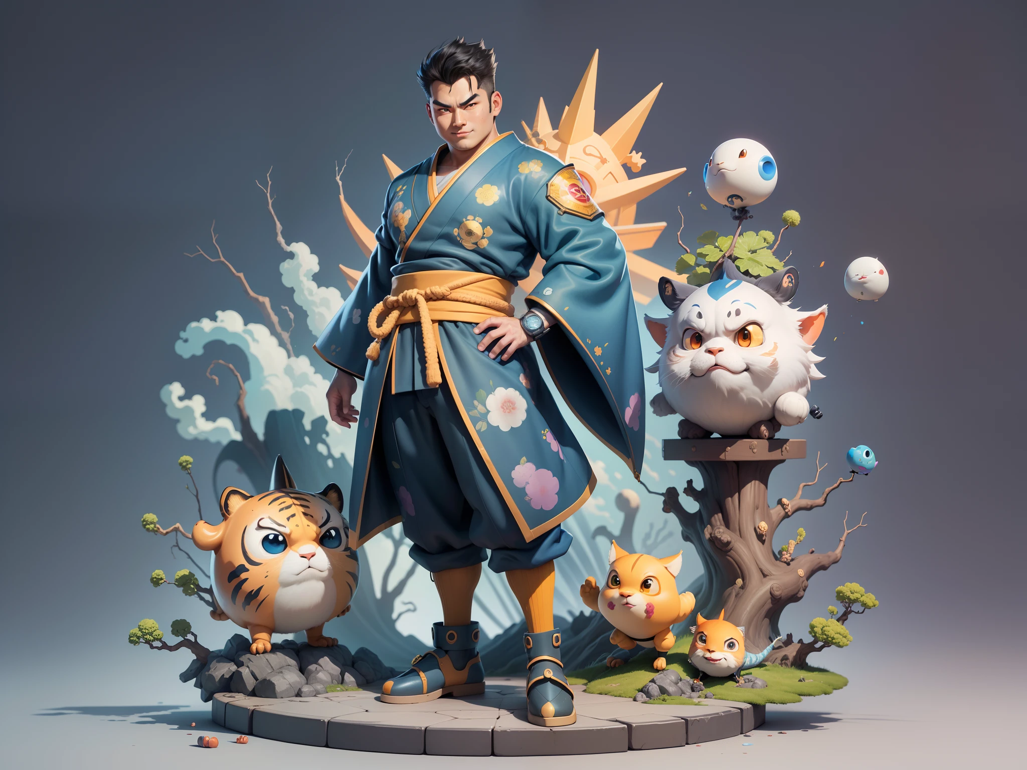 (Masterpiece), (Excellent), (Super Meticulous), (Full Body: 1.2), Super Young Man, Oriental Face, Japanese Kimono, Japanese Wind Thunder God, Dragon, Tiger, TV Anchor, Bust Portrait Illustration, Alone, Black Suit, Blue Tie, Slightly Chubby Face, Very Clean Face, No Beard, Black Super Short Hair, Black Eyes, Confident Smile, 3c Computer Sub-Products, iPad, iPhone, Digital Painting, 3D Character Design by Akira Toriyama and Mark Claireden and Pixar and Hayao Miyazaki, The illustration is a high-definition illustration in 4K resolution with very detailed facial features and cartoon-style visuals.