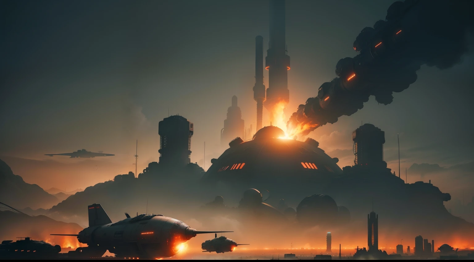 A wasteland-style spaceship, exploding in the air, black smoke from the engine, surrounded by a group of small red wasteland-style aircraft, with an abandoned ancient city in the background, towering industrial towers everywhere and some withered vegetation, storm-swept, foggy, low-saturation, cinematic, Unreal Engine, trending on artstation