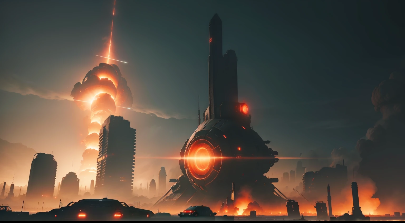 A wasteland-style spaceship, exploding in the air, black smoke from the engine, surrounded by a group of small red wasteland-style aircraft, with an abandoned ancient city in the background, towering industrial towers everywhere and some withered vegetation, storm-swept, foggy, low-saturation, cinematic, Unreal Engine, trending on artstation