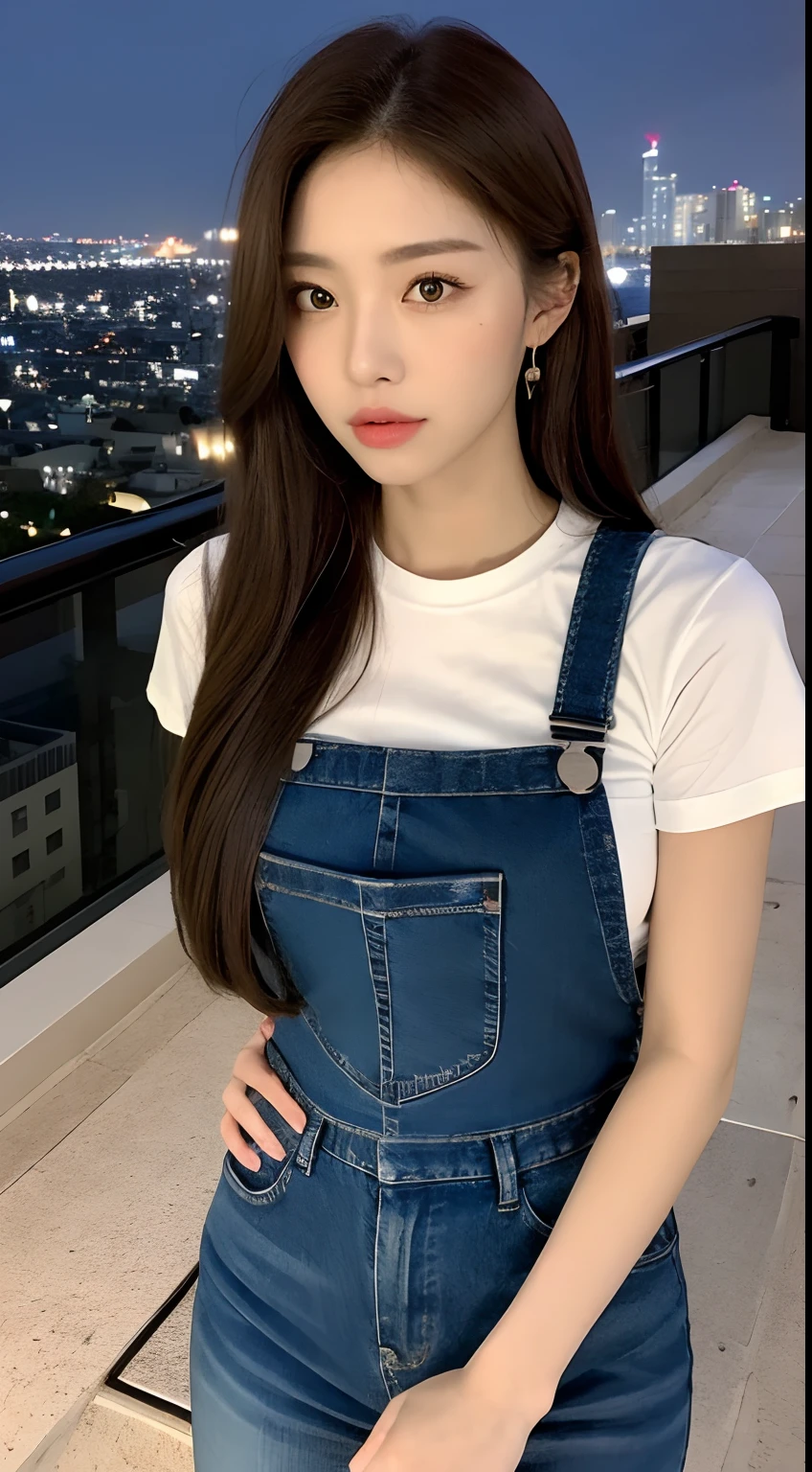 ((Midnight, Best quality, 8k, Masterpiece :1.3)), Whole body, Long legs, Sharp focus :1.2, A pretty woman with perfect figure :1.4, Slender abs :1.1, ((Dark brown hair, Big breasts :1.2)), (White tight tshirt, Jean bib, Standing:1.2), ((Night city view, Rooftop:1.3)), Highly detailed face and skin texture, Detailed eyes, Double eyelid