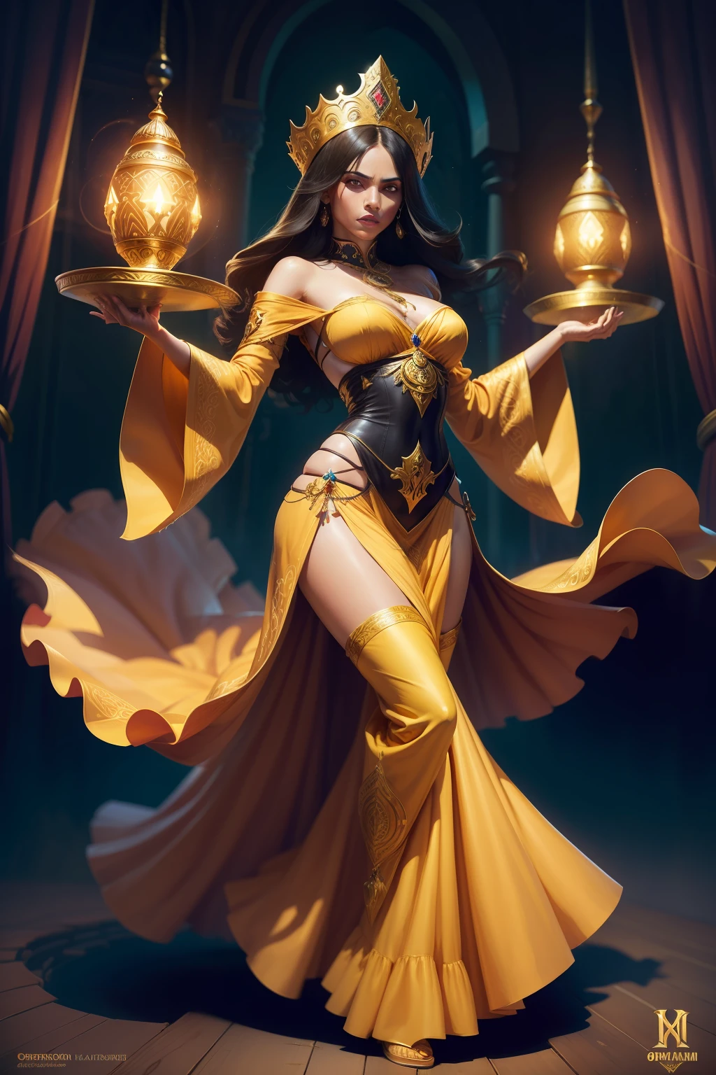 1girl, sozinho, digital illustation, (arabian nights),Espadas,((Scowling)), extravagant head coronet, Beautiful woman,[Cosplay de vestido de baile vitoriano:arabic dancer dress:0.7], fantasia, Arab palace, Brass lamps, (oil lamps), ((Rim lighting)), (Noite),ALMOFADAS, Cortinas, seda, ornado ((laranja)) dancer's dress with long sleeves, Panties, harem pants, Golden hat, cinto de ouro,quebrar,extremely high quality, altamente detalhado, master part, melhor qualidade, quebrar, (art by Tomasz Jędruszek, arte por Aaron Miller ,arte por Noxypia ), quebrar, NaturezaMagia, magic energy, fantasia