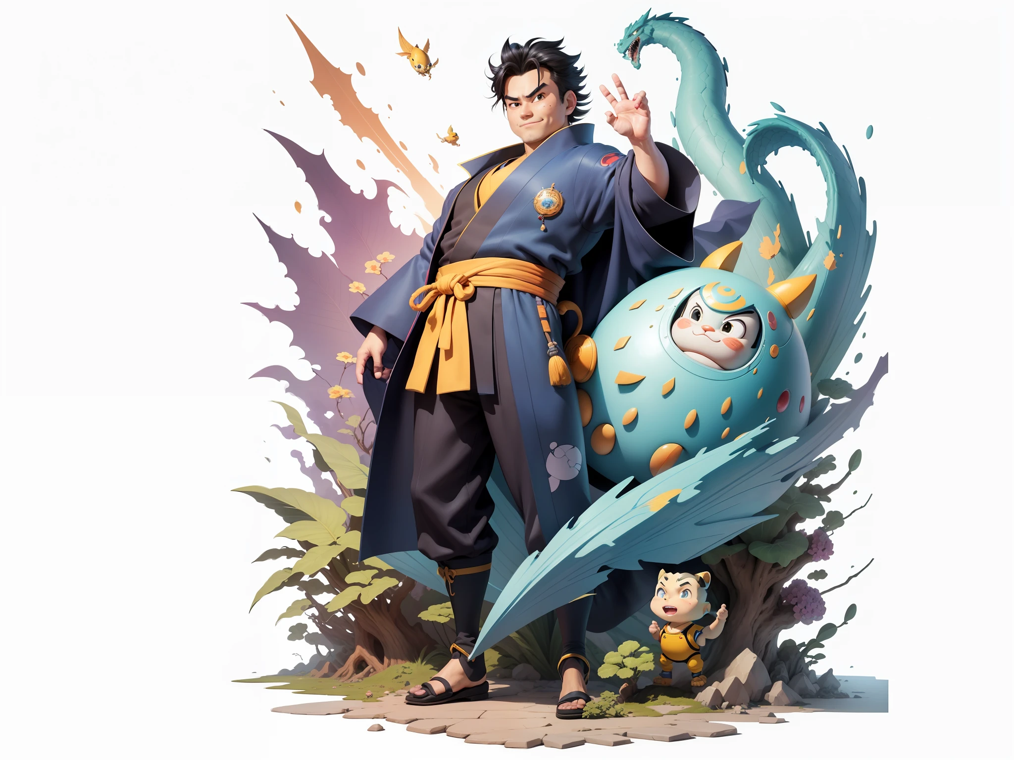 (Masterpiece), (Excellent), (Super Meticulous), (Full Body: 1.2), Super Young Man, Oriental Face, Japanese Kimono, Japanese Wind Thunder God, Dragon, Tiger, TV Anchor, Bust Portrait Illustration, Alone, Black Suit, Blue Tie, Slightly Chubby Face, Very Clean Face, No Beard, Black Super Short Hair, Black Eyes, Confident Smile, 3c Computer Sub-Products, iPad, iPhone, Digital Painting, 3D Character Design by Akira Toriyama and Mark Claireden and Pixar and Hayao Miyazaki, The illustration is a high-definition illustration in 4K resolution with very detailed facial features and cartoon-style visuals.