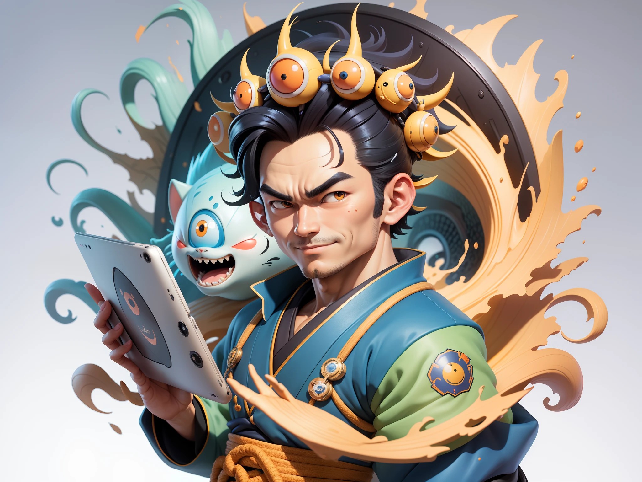 (Masterpiece), (Excellent), (Super Meticulous), (Full Body: 1.2), Super Young Man, Oriental Face, Japanese Kimono, Japanese Wind Thunder God, Dragon, Tiger, TV Anchor, Bust Portrait Illustration, Alone, Black Suit, Blue Tie, Slightly Chubby Face, Very Clean Face, No Beard, Black Super Short Hair, Black Eyes, Confident Smile, 3c Computer Sub-Products, iPad, iPhone, Digital Painting, 3D Character Design by Akira Toriyama and Mark Claireden and Pixar and Hayao Miyazaki, The illustration is a high-definition illustration in 4K resolution with very detailed facial features and cartoon-style visuals.