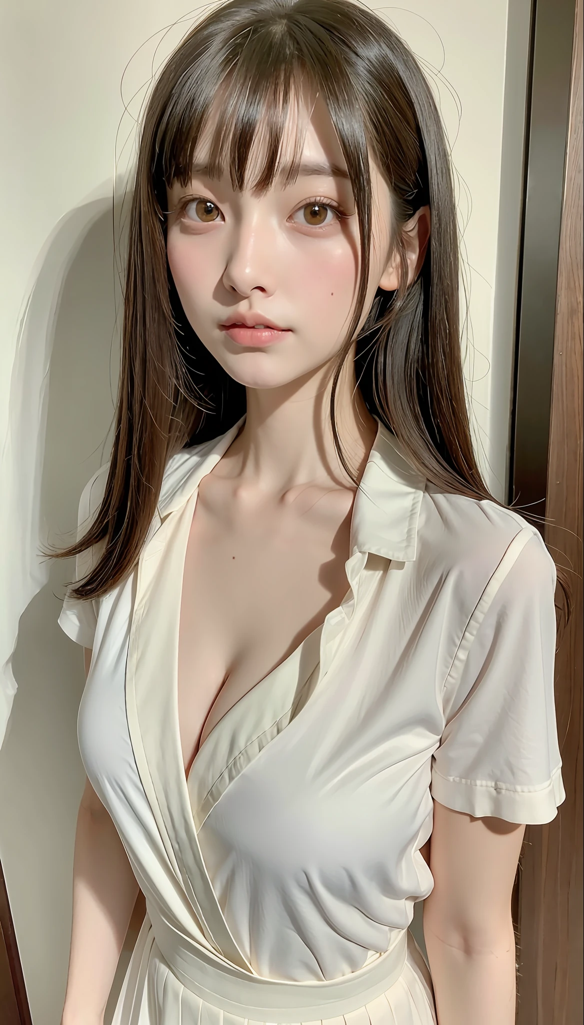 perfect figure beautiful woman:1.4，Layered hairstyle，Protruding chest，Japan School Uniform:1.5，Highly detailed face and skin texture，二重まぶた，Whitens the skin，décolleté。