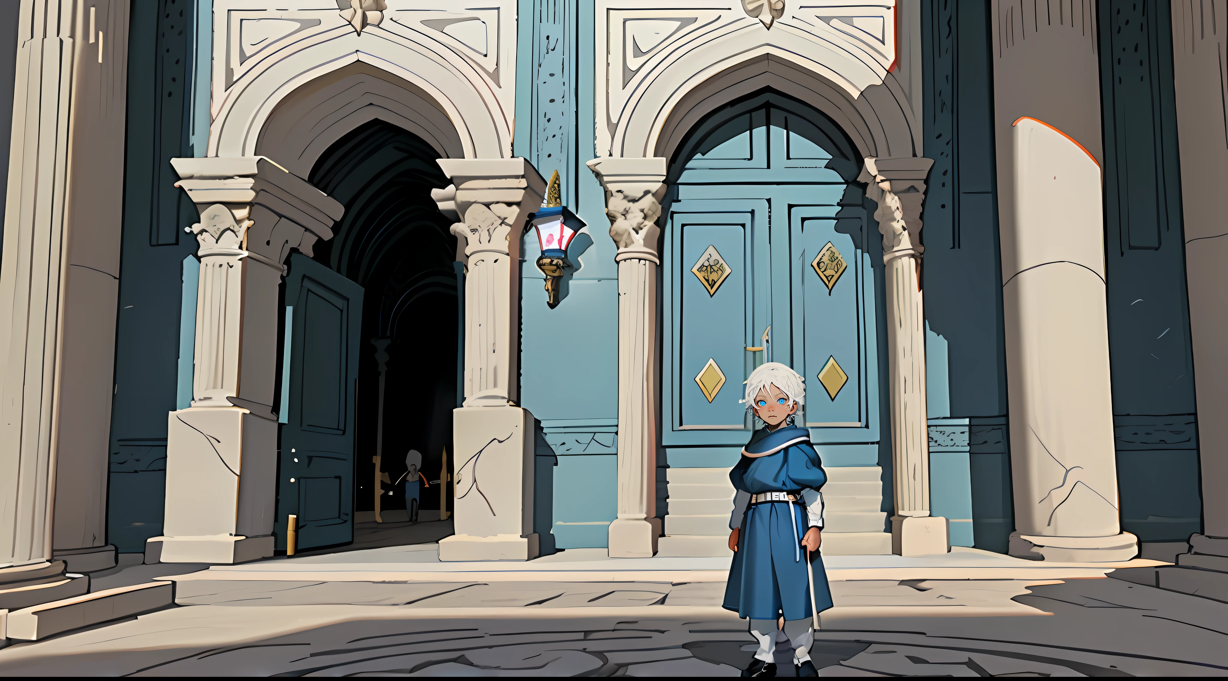 A baby boy 5 years old with white hair and blue eyes playing inside the royal palace, In ancient times, there is guard beside doors and Torches on the walls, medium shot