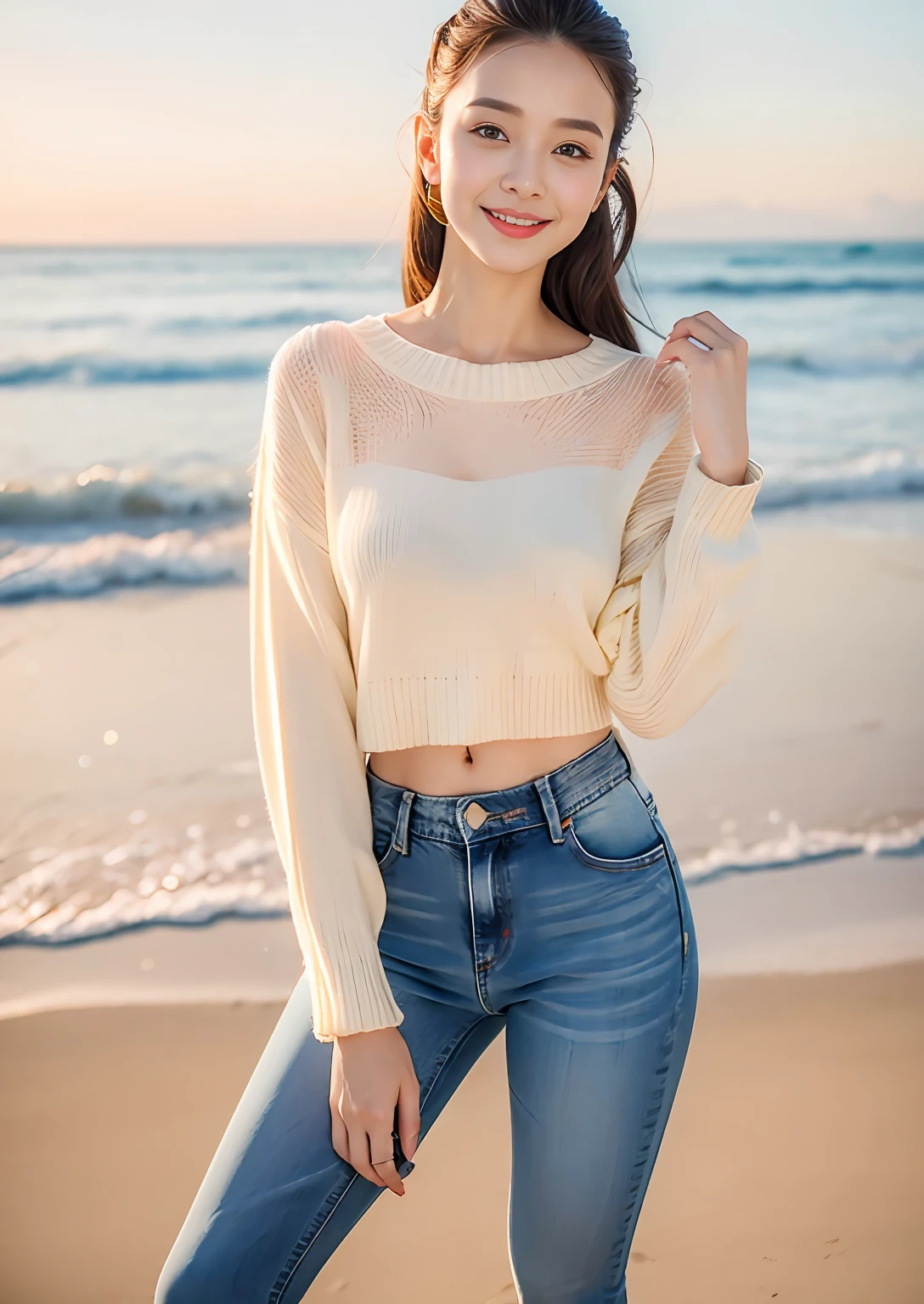 Woman in jeans on the beach,Dancing sexy,Full body shooting:1.8(RAW photogr,超高分辨率,8K,HD,tmasterpiece,best qualtiy),Complicated details, 20 years old Asian woman,Wear a women's cropped skinny sweater(Slim fit,Fit snugly to the body)and trendy jeans with open navels,Realistic and detailed costumes,Detailed beach,A sweet smile appeared on the little face,The face is white and tender,skin lightening,Ultra-realistic facial details,Beautiful accessories,Playful and coquettish pose,The calves are straight and slender:1.5,Wear high-end branded travel shoes:1.5,eventide,warm color,Broad lighting,naturalshadow,taking a full body photo:1.8