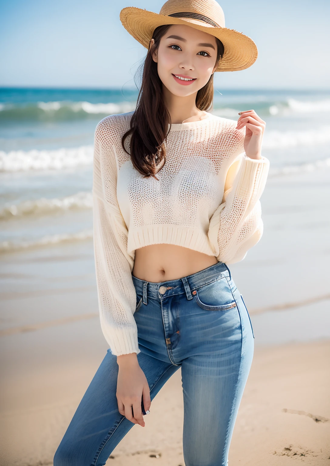 Woman in jeans on the beach，Dancing sexy，Full body shooting:1.8（RAW photogr，超高分辨率，8K,HD,tmasterpiece，best qualtiy），Complicated details， 20 years old Asian woman，Wear a women's cropped skinny sweater（Slim fit，Fit snugly to the body）and trendy jeans with open navels，Realistic and detailed costumes，Detailed beach，A sweet smile appeared on the little face，The face is white and tender，skin lightening，Ultra-realistic facial details，Beautiful accessories，Playful and coquettish pose，The calves are straight and slender:1.5，Wear high-end branded travel shoes:1.5，eventide，warm color，Broad lighting，naturalshadow，taking a full body photo:1.8
