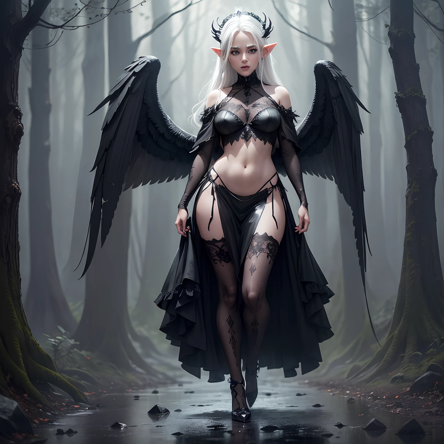 Full body photography, a beautiful elf  in the rain, all wet, perfect face, wet white hair, translucent black, thin waist, belly showing, black lipstick, very detailed little face, very detailed eyes, beautiful body, lace gloves , elegant, dark and gloomy forest blurred background, mist, very detailed face, very detailed eyes, raven wings coming out of the back, winged crows, crystal crown, dark effect, rain, black high heels, night, film directed by Peter Jackson wide angle lens Camera Sony R7 Twilight::20 H.R Giger::20 --ar 2048:1536 --iw 1.3 --s 300 --v 5.1 --raw style
