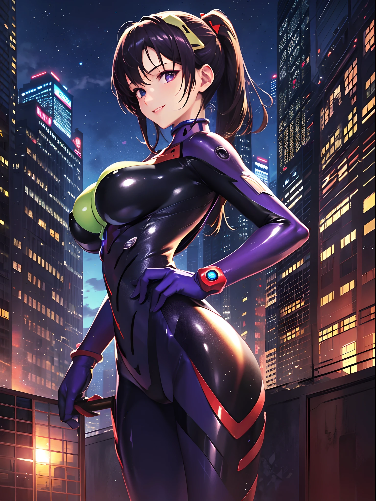 (top-quality: 1.3), (masterpiece: 1.3), (Super Detail: 1.3), (wall-paper, one girls: 1.1)、(Detailed hands and fingers:1.2)、(Detailed ultra-oily shiny skin:1.1)、(Purple Full Body Evangelion Plug Suit:1.3)、Longhaire、poneyTail、Beautiful sister、(Buildings:1.2)、nighttime scene、(Beautiful Large Breasts:1.3) 、sexypose、ssmile