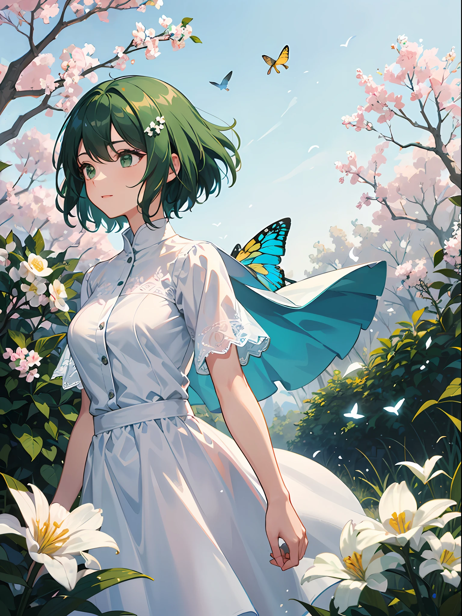 High detail, super detail, super high resolution , girl with short green hair enjoying her time in the open field, surrounded by the beauty of nature, warm sun sprinkling on her, white flowers gently swaying in the breeze. Butterflies and birds flutter around her, adding to the playful atmosphere , --v6