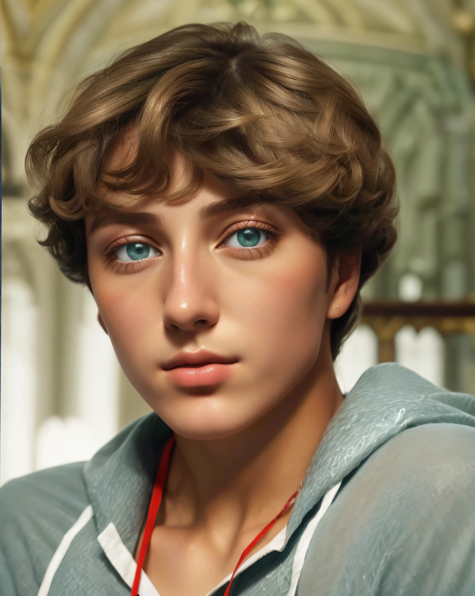 um close up de um jovem com um capuz e um colar, inspirado em Luca Zontini, com olhos azuis!!!!, seus francos olhos azuis, ele tem cabelos castanhos curtos e cacheados, inspirado em Romano Vio, Jovem Simon Baker, Anato Finnstark. rostos perfeitos, adolescente hiperrealista, com olhos azuis, inspirado em Andrea del Verrocchio, cara perfeita e
