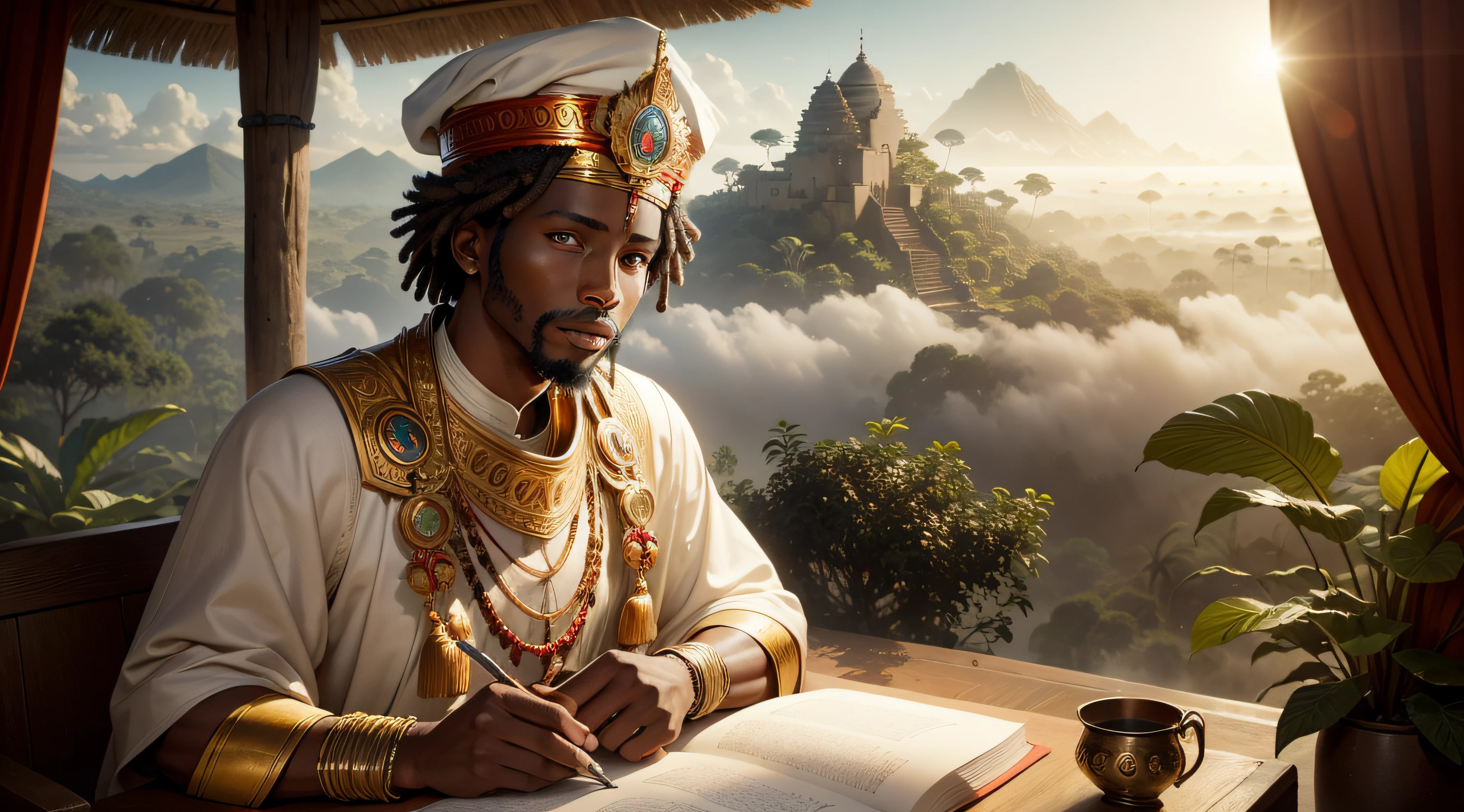 African emperor Sundjata Keita picture, high detailed, Mali tribe behind, fog around, jungle, realistic photography,