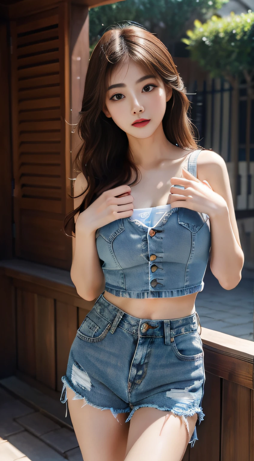 1girll, Chest support, park, Denim shorts,, Masterpiece, Best quality, Highly detailed