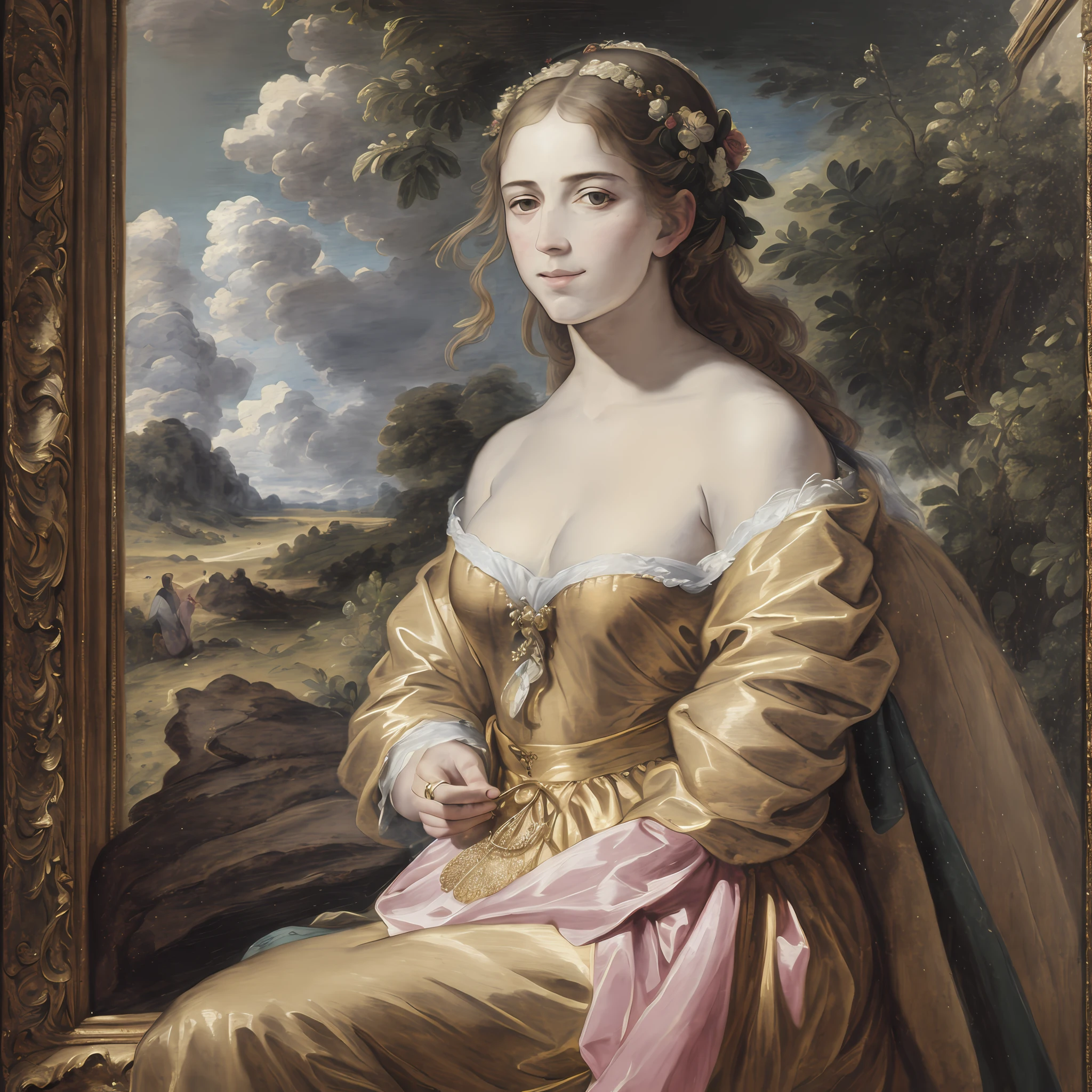 Pintura de una mujer con un vestido dorado sentada en un paisaje, por William Dobson, inspirado por Cornelis Claesz van Wieringen, inspirado por Johannes Cornelisz Verspronck, inspirado por Jan van de Cappelle, por Johannes Cornelisz Verspronck, inspirado por Pieter Cornelisz van Slingelandt, manos