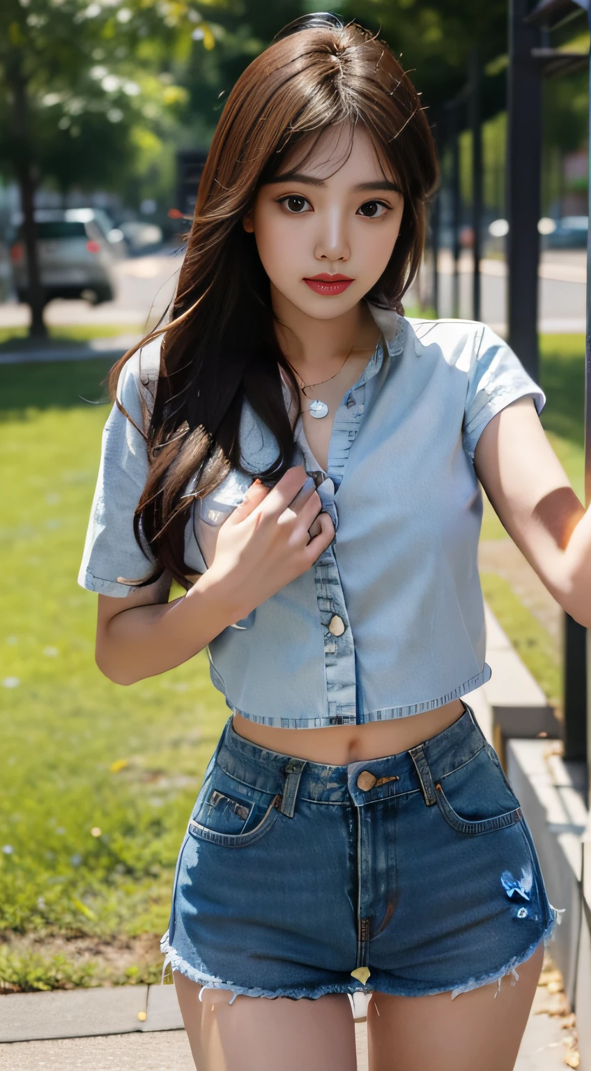 1girll, Chest support, park, Denim shorts,, Masterpiece, Best quality, Highly detailed