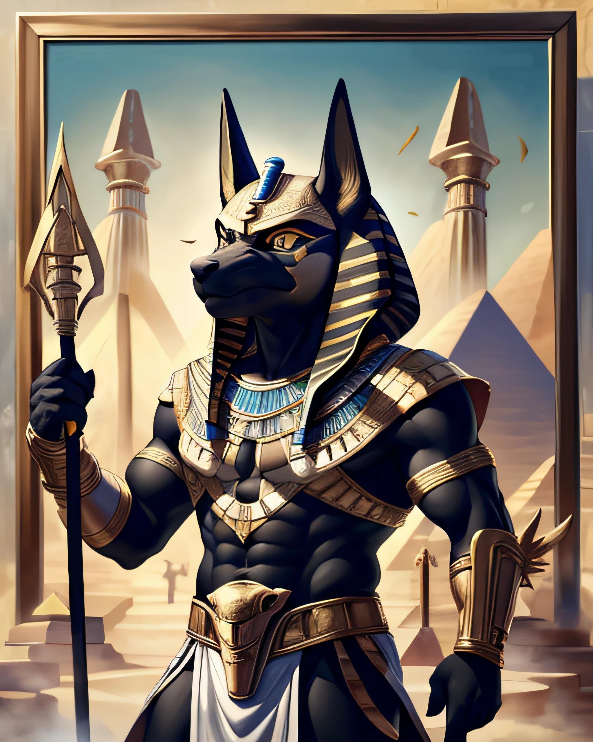 Painting of a man in a white outfit with a gold mask and staff, The Angry God Anubis, Egyptian god, Egyptian god of wind, Egyptian god, Egyptian god, photo of ghost of anubis, God Anubis, The Assault on the Egyptian God, tome, Egyptian gods, Pharaoh, pharaoh, Portrait of Anubis, Portrait of the Emperor of Mankind