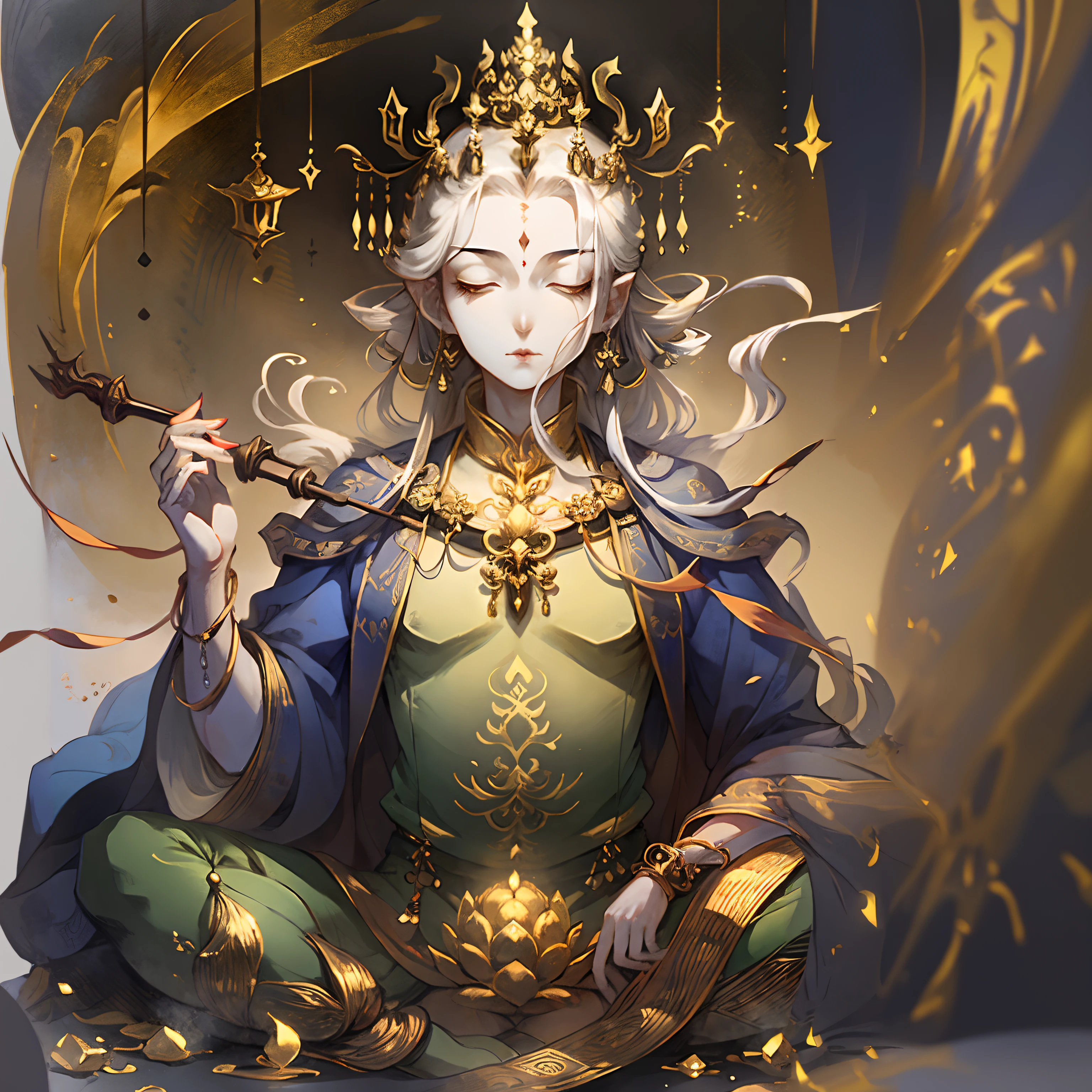 Anime - style image of woman with golden crown sitting on bed, a beautiful fantasy empress, white haired god, ((a beautiful fantasy empress)), by Yang J, beautiful celestial mage, anime fantasy illustration, onmyoji detailed art, fanart best artstation, beautiful character painting, epic exquisite character art, gilded lotus princess, beautiful and elegant elf queen