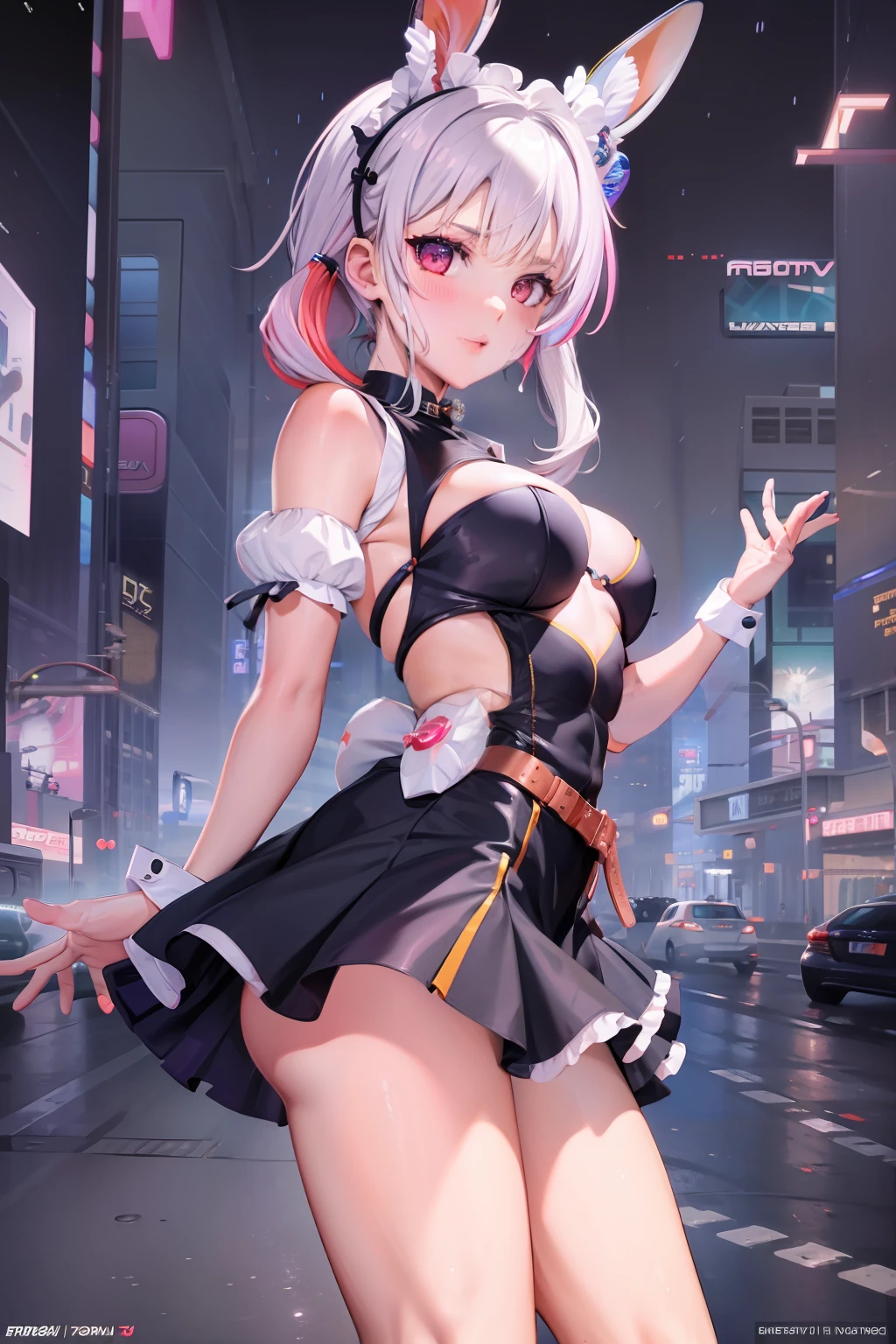 masterpiece, best quality, highres, nm1, cyberpunk maid dress, short skirt, rabbit ears, cowboy shot, standing, colorful hair