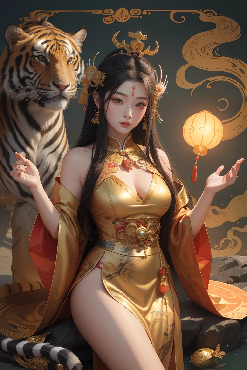 an ancient Chinese goddess, guanyin of the southern seas, Guanyin, Inspired by China, Avalokiteshvara rides a tiger,,Serene expression,shui mo hua,Buddha,Buddhist,Lotus,Chinese painting style,Thangka style
