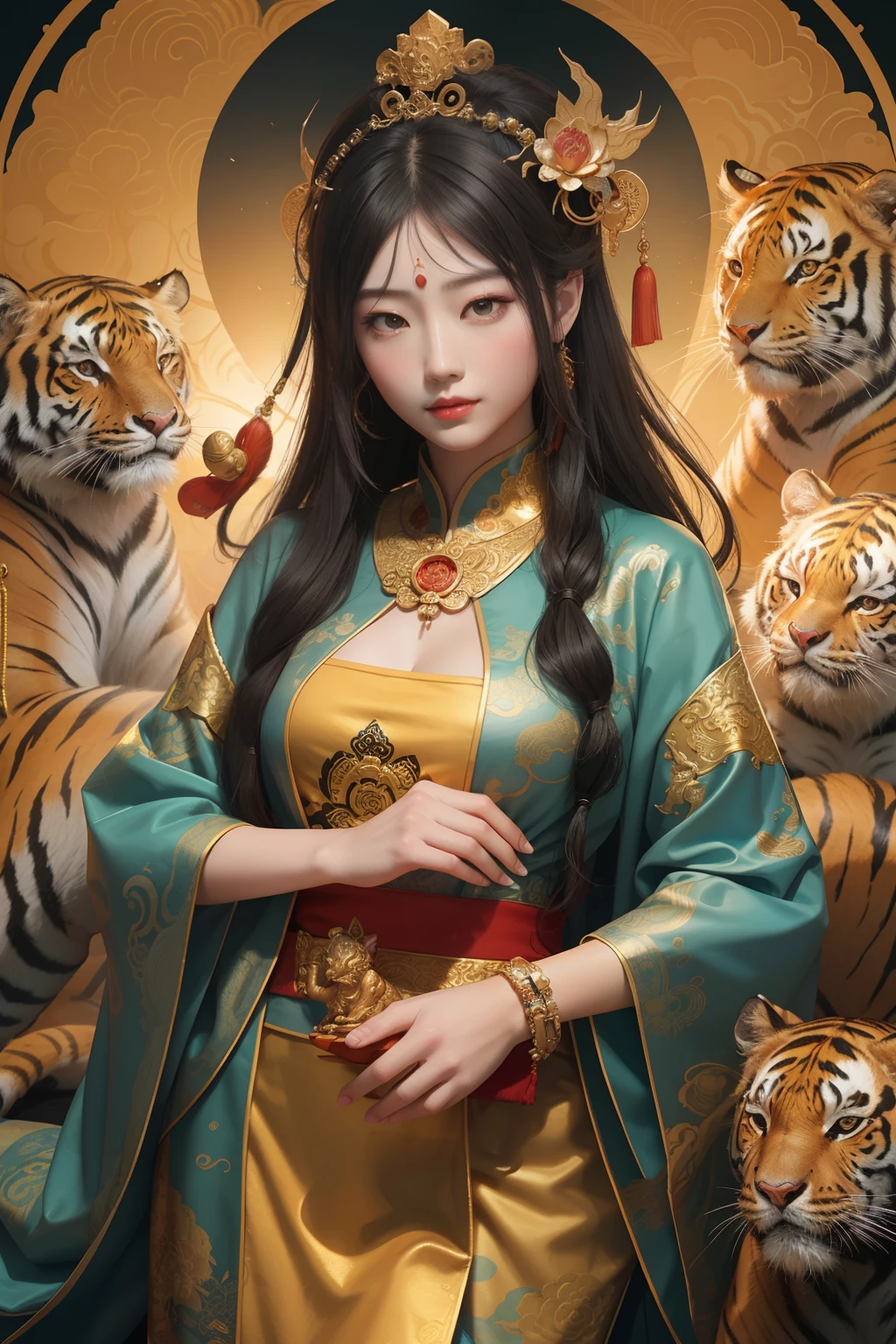 an ancient Chinese goddess, guanyin of the southern seas, Guanyin, Inspired by China, Avalokiteshvara rides a tiger,,Serene expression,shui mo hua,Buddha,Buddhist,Lotus,Chinese painting style,Thangka style