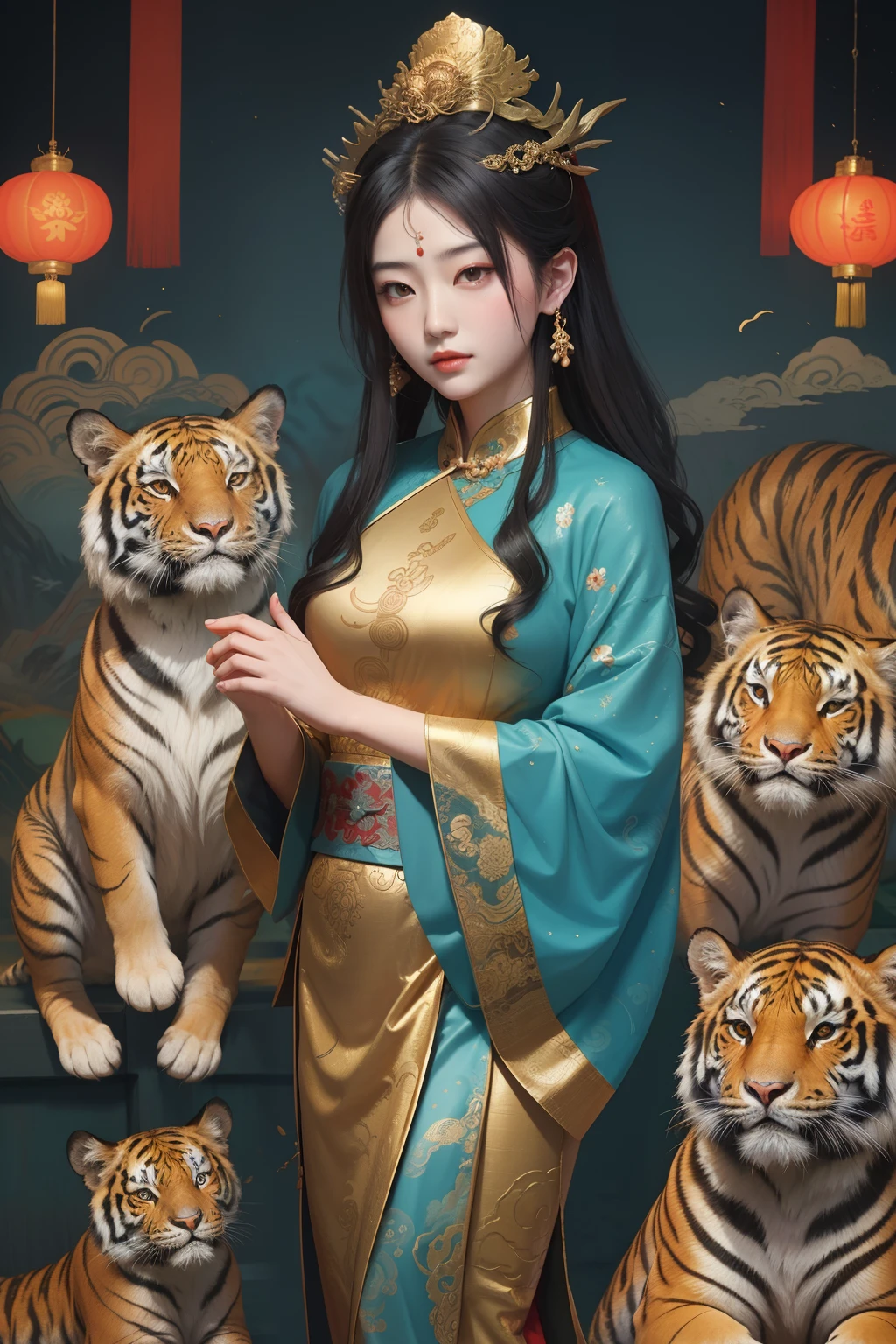 an ancient Chinese goddess, guanyin of the southern seas, Guanyin, Inspired by China, Avalokiteshvara rides a tiger,,Serene expression,shui mo hua,Buddha,Buddhist,Lotus,Chinese painting style,Thangka style