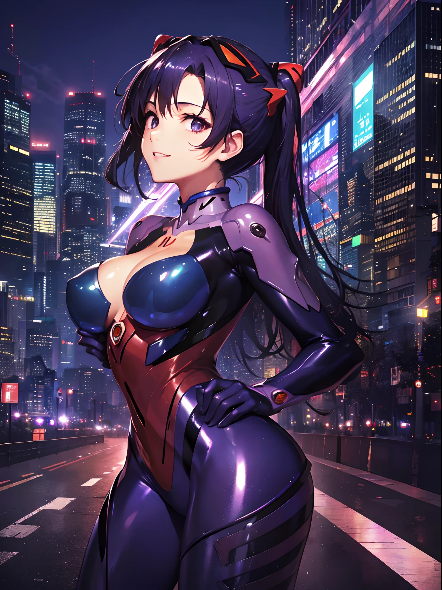 (top-quality: 1.3), (masterpiece: 1.3), (Super Detail: 1.3), (wall-paper, one girls: 1.1)、(Detailed hands and fingers:1.2)、(Detailed ultra-oily shiny skin:1.1)、(Purple Full Body Evangelion Plug Suit:1.3)、Longhaire、poneyTail、Beautiful sister、(Buildings:1.2)、nighttime scene、(Beautiful Large Breasts:1.3) 、sexypose、ssmile、frontage、Standing picture