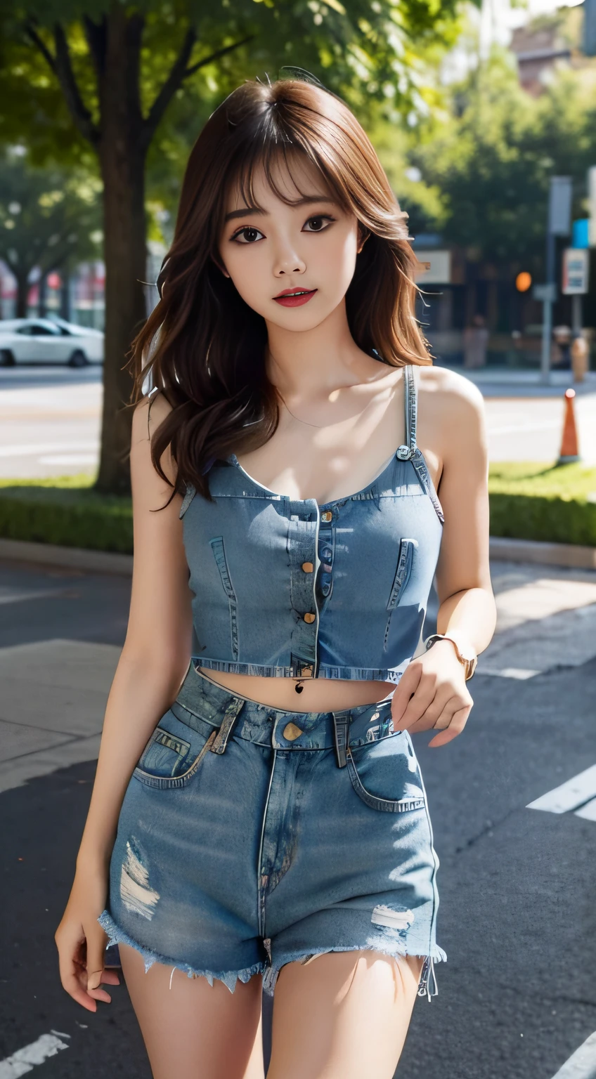 1girll, Chest support, park, Denim shorts,, Masterpiece, Best quality, Highly detailed
