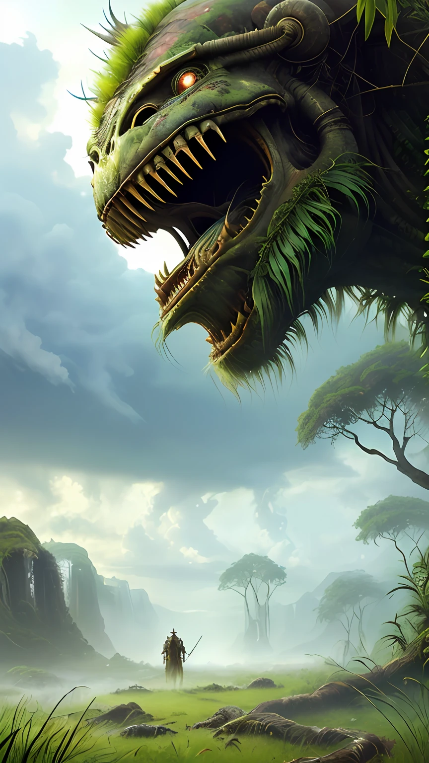 (Extreme close-up) photore (Scared:1.1) (19th century oriental 1.2), (rainforests:0.9), (tall grass:1.2), (Huge old dead alien monster in the background:1.2), Wet, rays of sunshine, insanely details, Cinematic, epic realistic, Intricate details, ultra - detailed, High quality, primitive, author:Jakub Rozalski