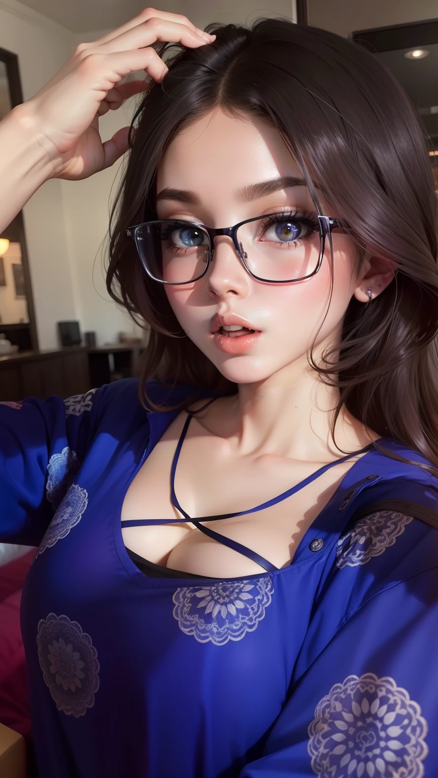 Masterpiece, best quality, nitid, ultra detailed, finely detail eyes, 1girl, small berasts, double braid hair, ovale glasses, dark hair,dark lingerie,forehead, fullbody,li,bed, bent over,smile