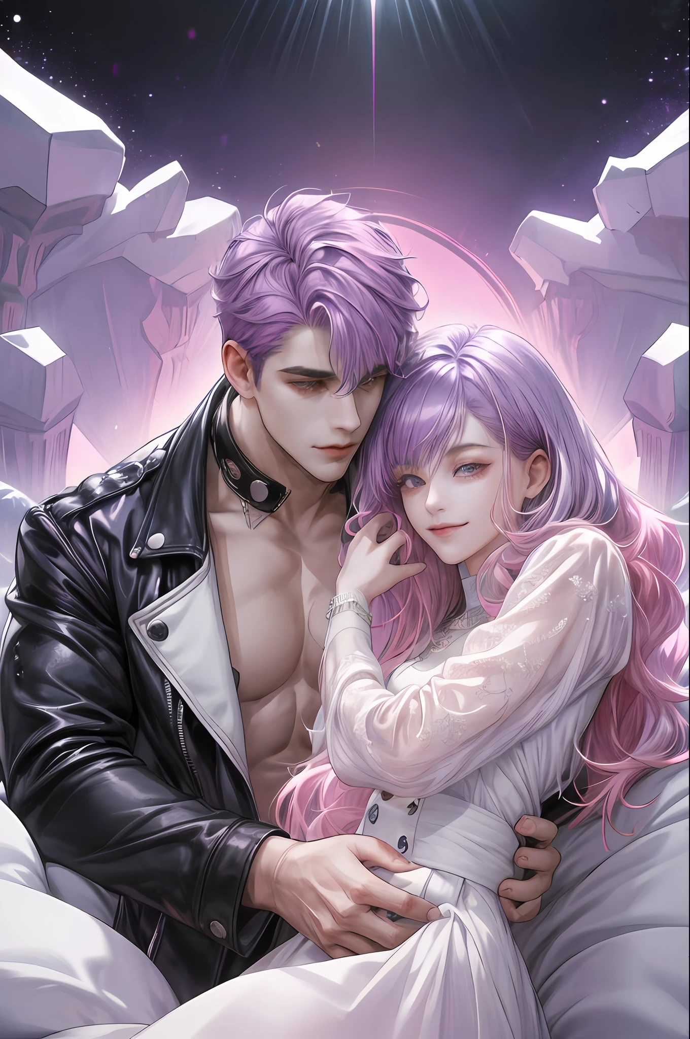 (absurderes, hight resolution, ultra-detailliert), 2guys, a couple, 1man with 1woman,, Height difference, happiness, tenderness, huging, The upper part of the body, Short-haired man with purple hair and long-haired woman with pink hair