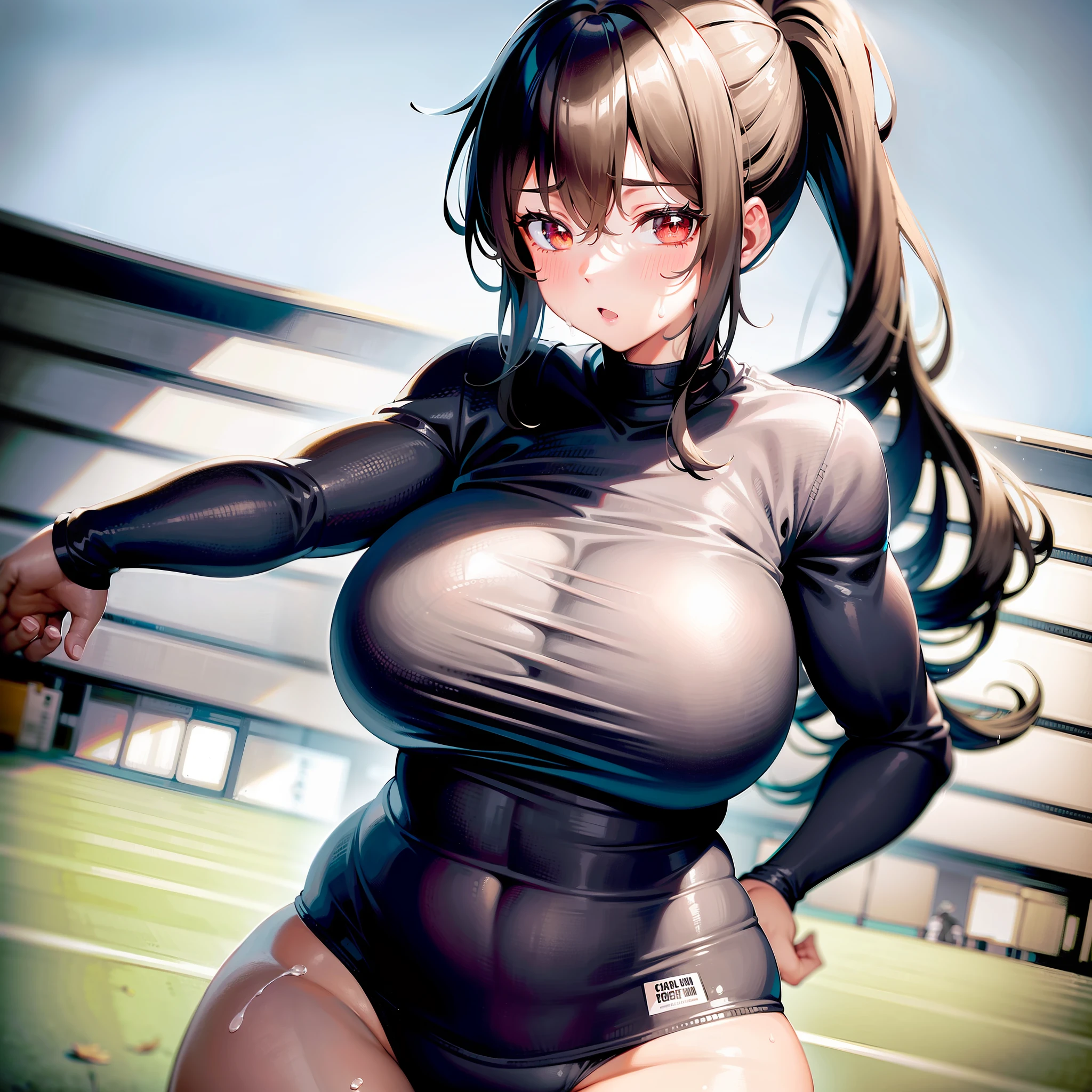 1girll,Black single ponytail,long whitr hair,Track and field wear,In the stadium,Childlike big breasts,Sprint race,Soft breasts,Heavy breasts,full of sweat,Fair skin,Get wet,Extremely large breasts,Extremely heavy breasts,prengant,Secretion of milk