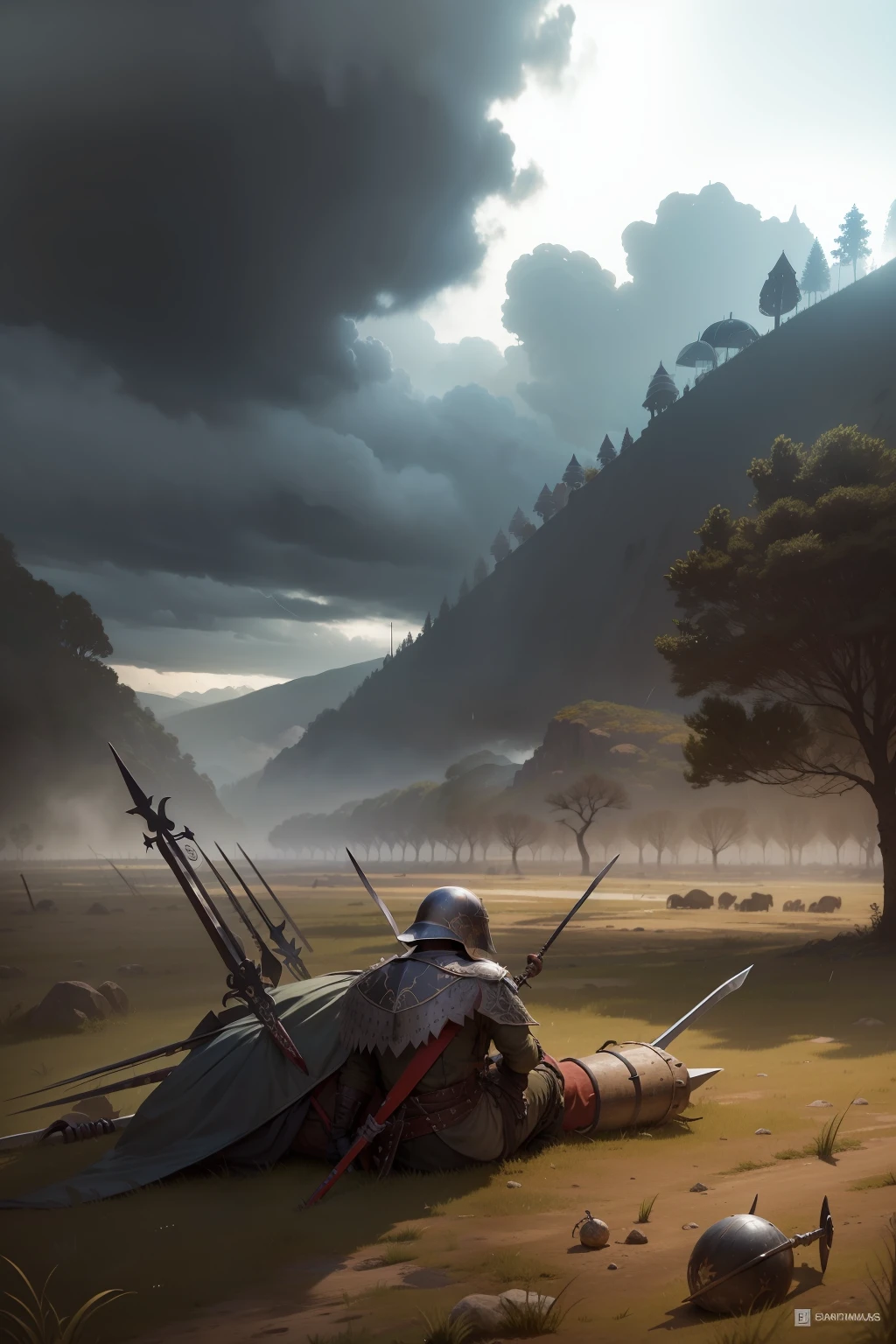 campo-de-batalha, soldado-de-armadura, Spears, espadas, sangue, morte, fogo, destruction, dark-and-rainy sky, bandeiras, estandartes, corvos, soldado-com-flechas-no-corpo, cavalos, lagrimas, chuva, medieval