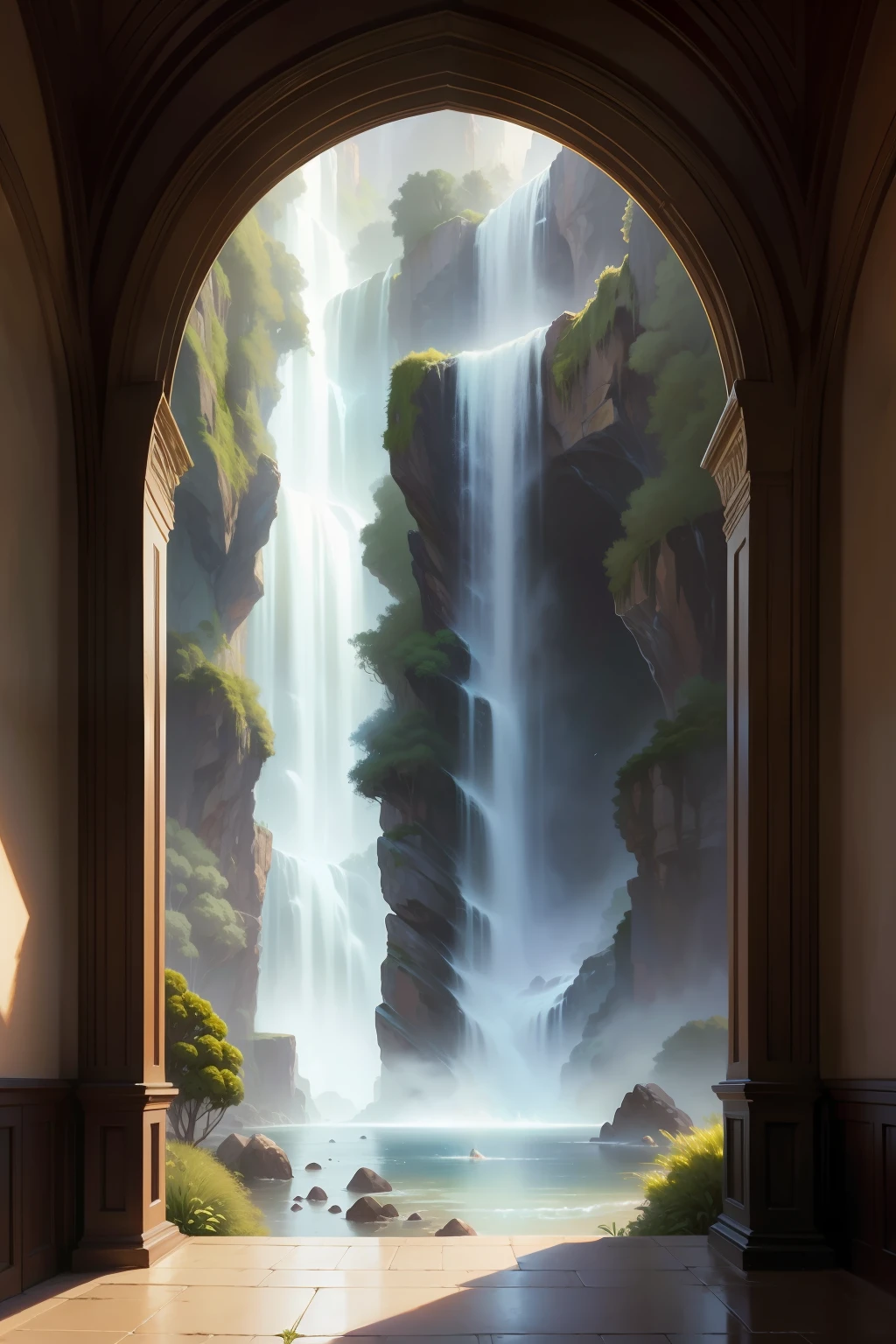 scenery, landscape, digital illustration, fountain, wildlife, breathtaking, godbeam, [summer|winter], BREAK,highest quality, highly detailed, masterpiece, best quality, BREAK, (art by Howard Lyon, art by Jaime Jones ,art by Tran Nguyen ), BREAK, Naturemagic, magical energy, fantasy